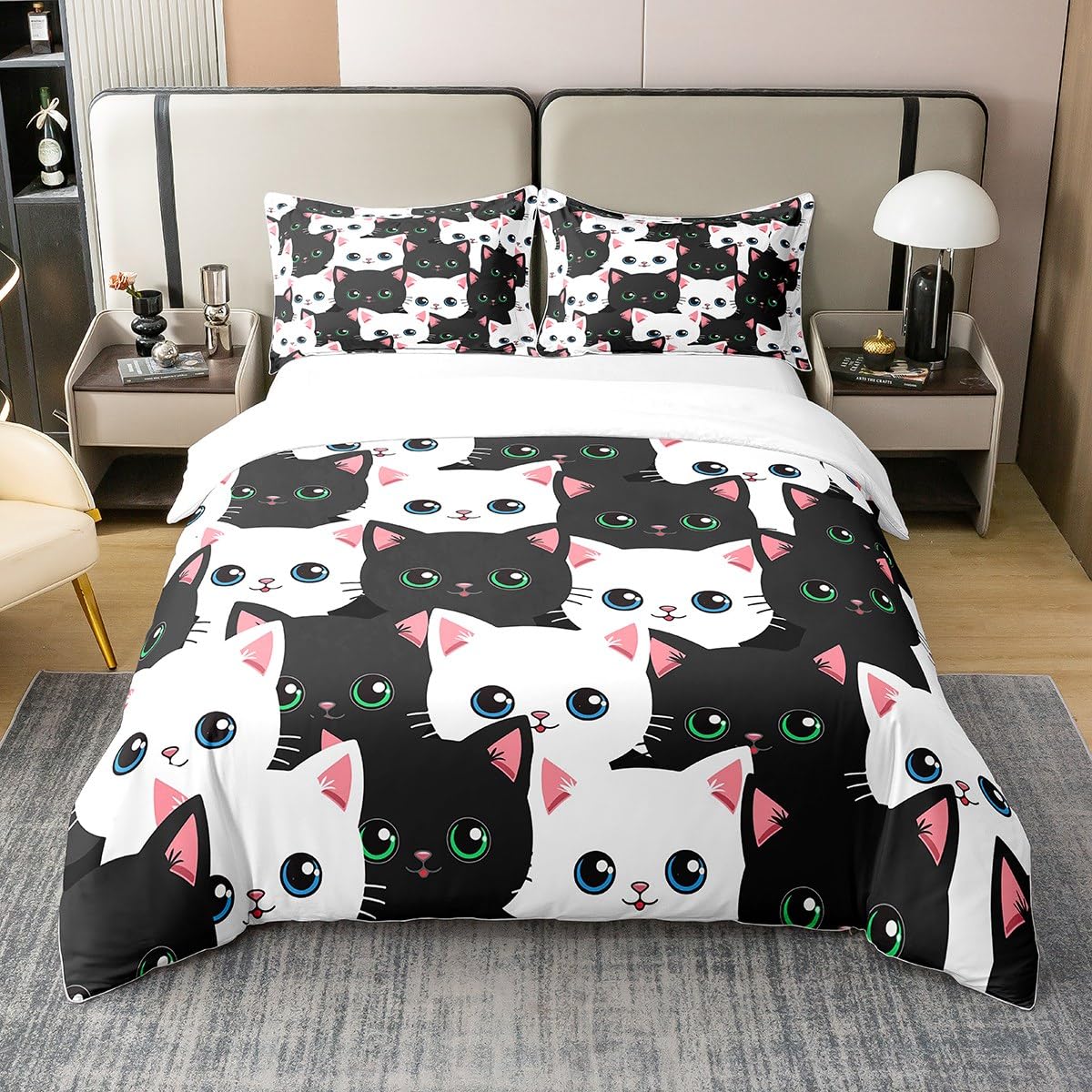 Parure de lit chat noir et blanc en coton, le cadeau idéal pour chambre d'enfant