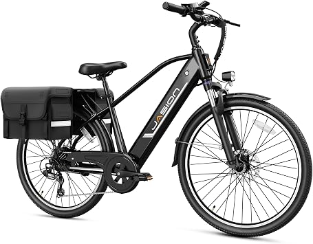 Jasion Roamer Electric Bike for Adults,1200W Peak Motor,528WH Removable Battery Ebike,28 MPH Max Speed,26 Commuter E Bike,7-Speed Bicycle and Front Suspension,with Saddle Bag,Black Color