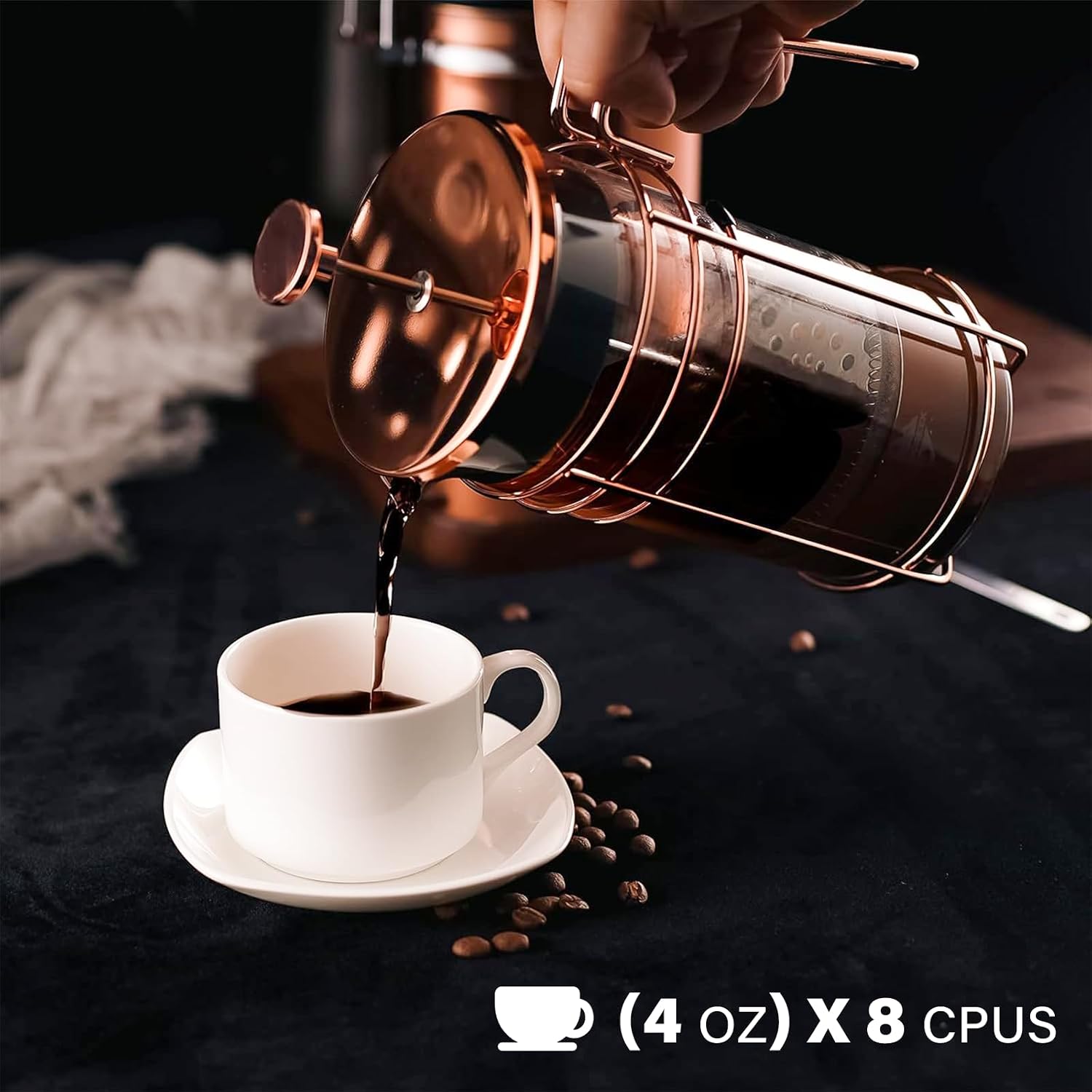 French Press, 34 Ounce (1000ml) Coffee Maker, Glass Rose Gold Coffee Press, Heat Resistant Borosilicate Glass Tea Maker and 3 layers Filter Coffee Pot for Camping Travel Gifts