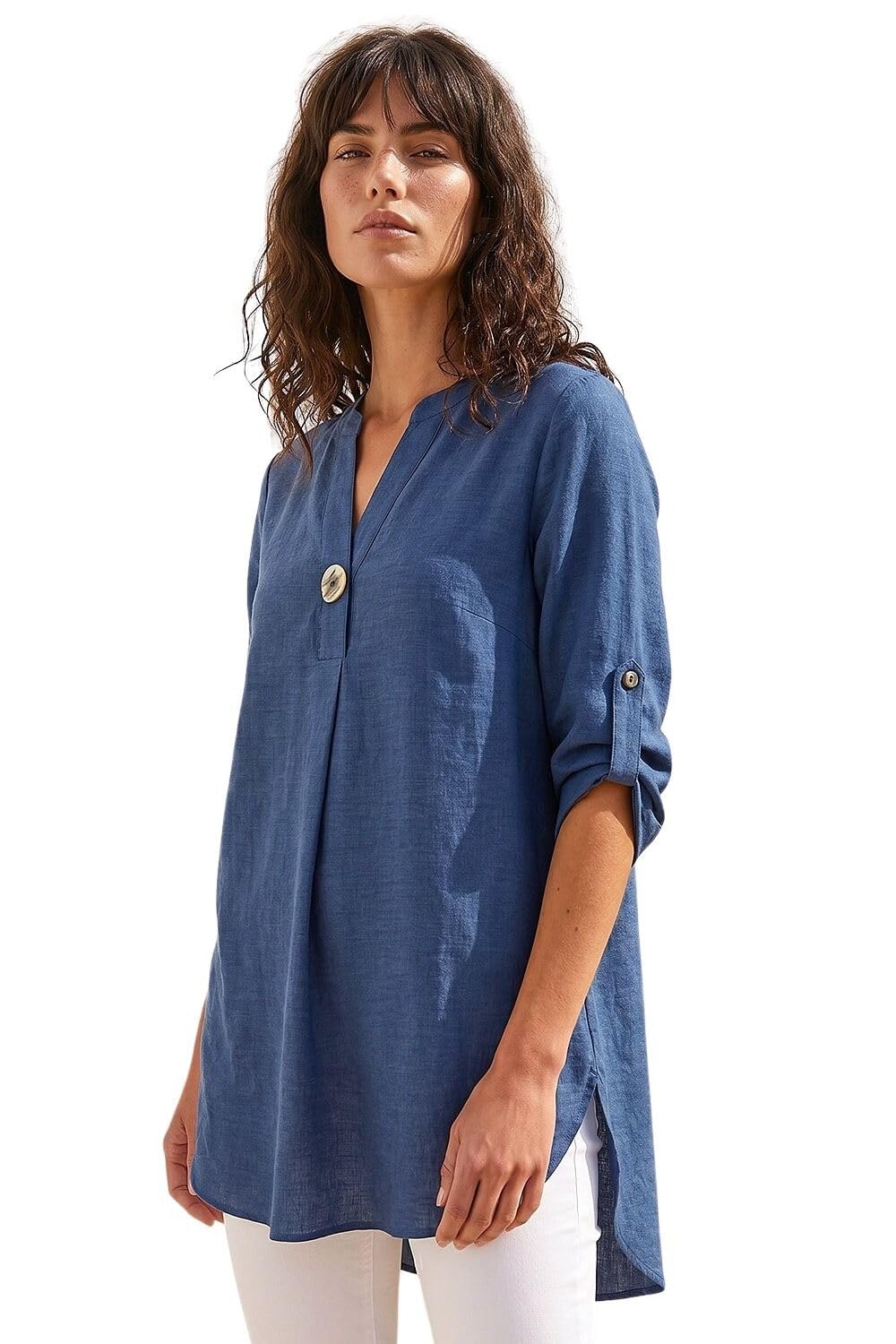 Roman Originals Women's Denim Shirt For Uk Longline Top Collarless Blouse Smart Tunic Casual Evening Relaxed Fit 3/4 Length Sleeve Notch V Neck Long - Size 10