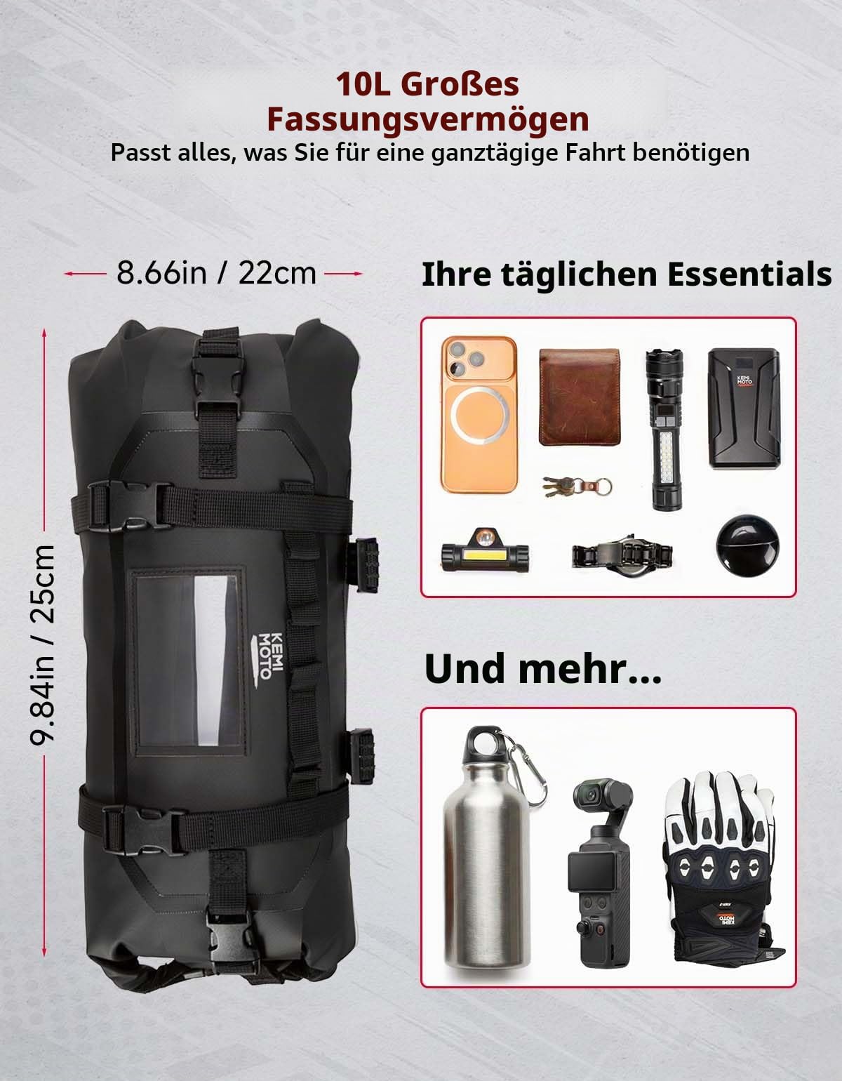 KEMIMOTO Fahrrad Lenkertasche 10L, 100% Wasserdicht Vordertasche Fahrradtasche aus 300D PVC, Aufbewahrungstasche mit Antirutsch-Gurten, Bikepacking Tasche für MTB Rennrad Gravel E-Bike