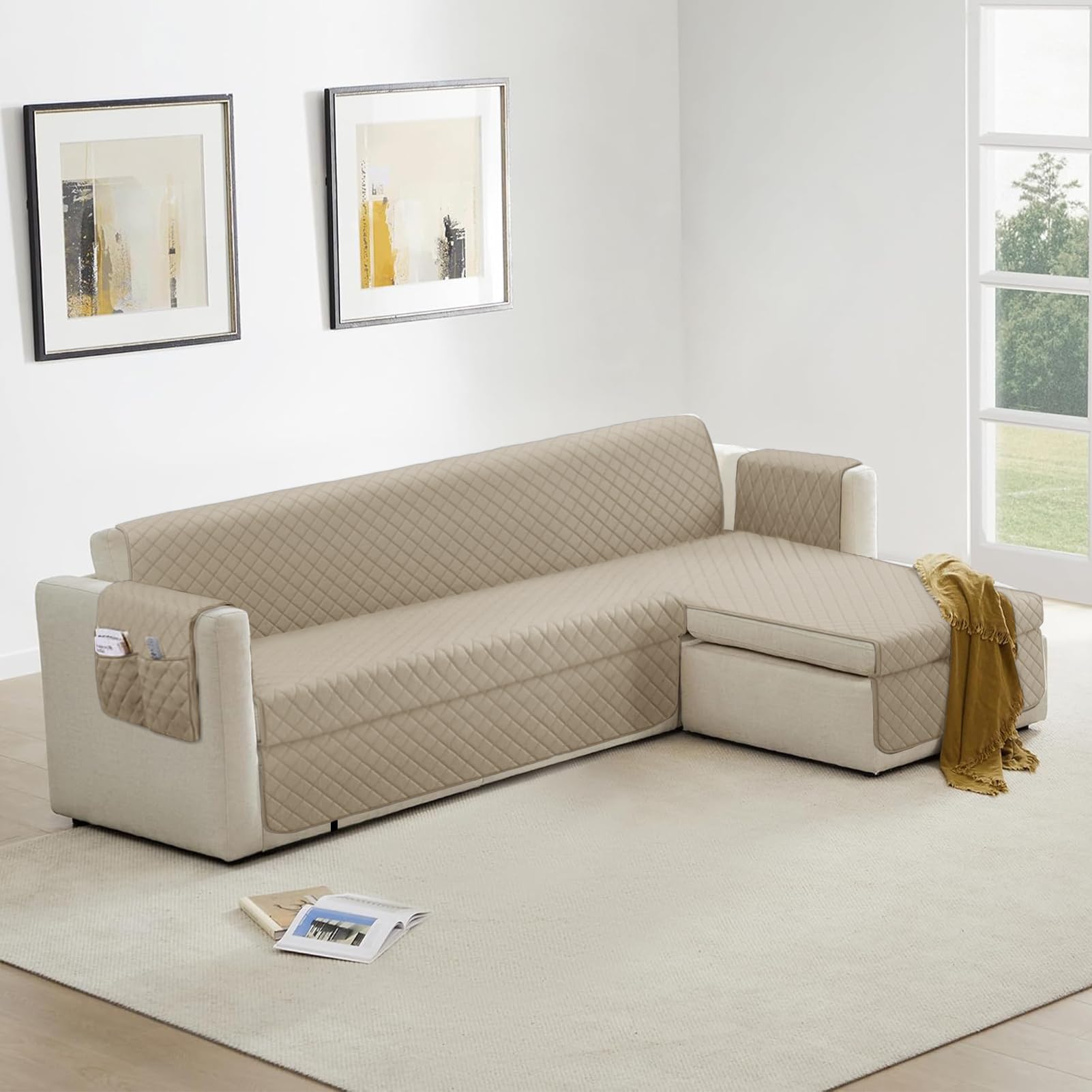 Sofa Chaise Long Left/Right 300 cm Waterproof, Sofa Covers Anti Cat with Arms, Universal Reversible Sofa Protector, Beige