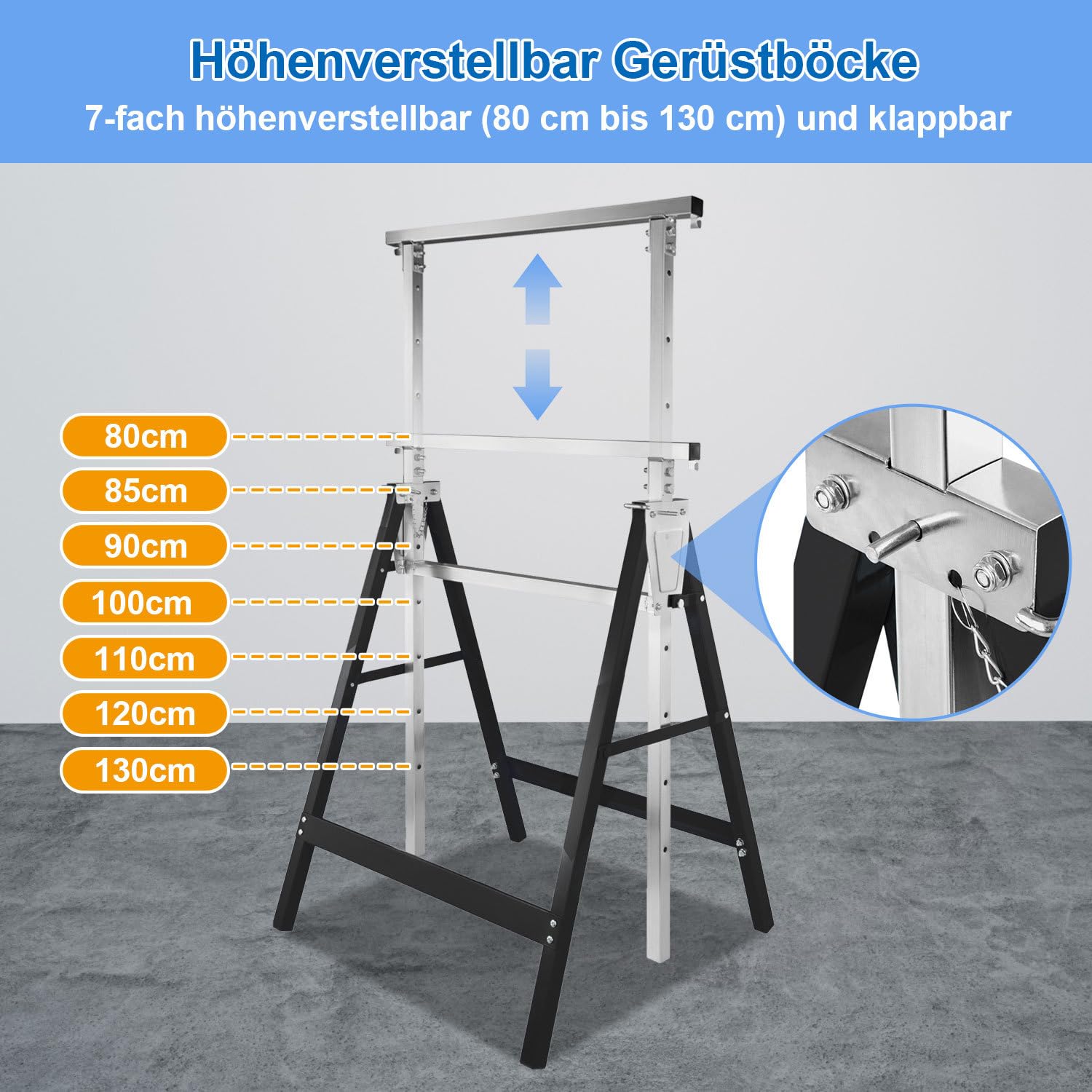 Teleskop-Arbeitsbock 2er Set höhenverstellbar 80-130 cm, 200 kg belastbar, klappbar und rutschfest, Gerüstbock für Malerarbeiten, Bau, Garten und Werkstatt, Schwarz