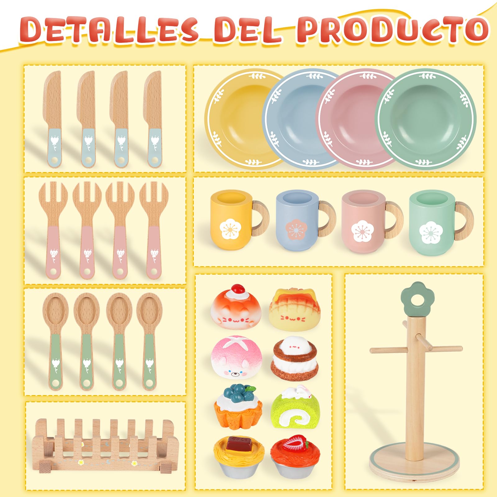 Charmofun Stoviglie Cucina Bambini in Legno, 30 Pezzi Accessori Cucina Bambini di Legno, Cucina Tea Party Regalo per Ragazze Ragazzi 4 5 6 7 8 anni