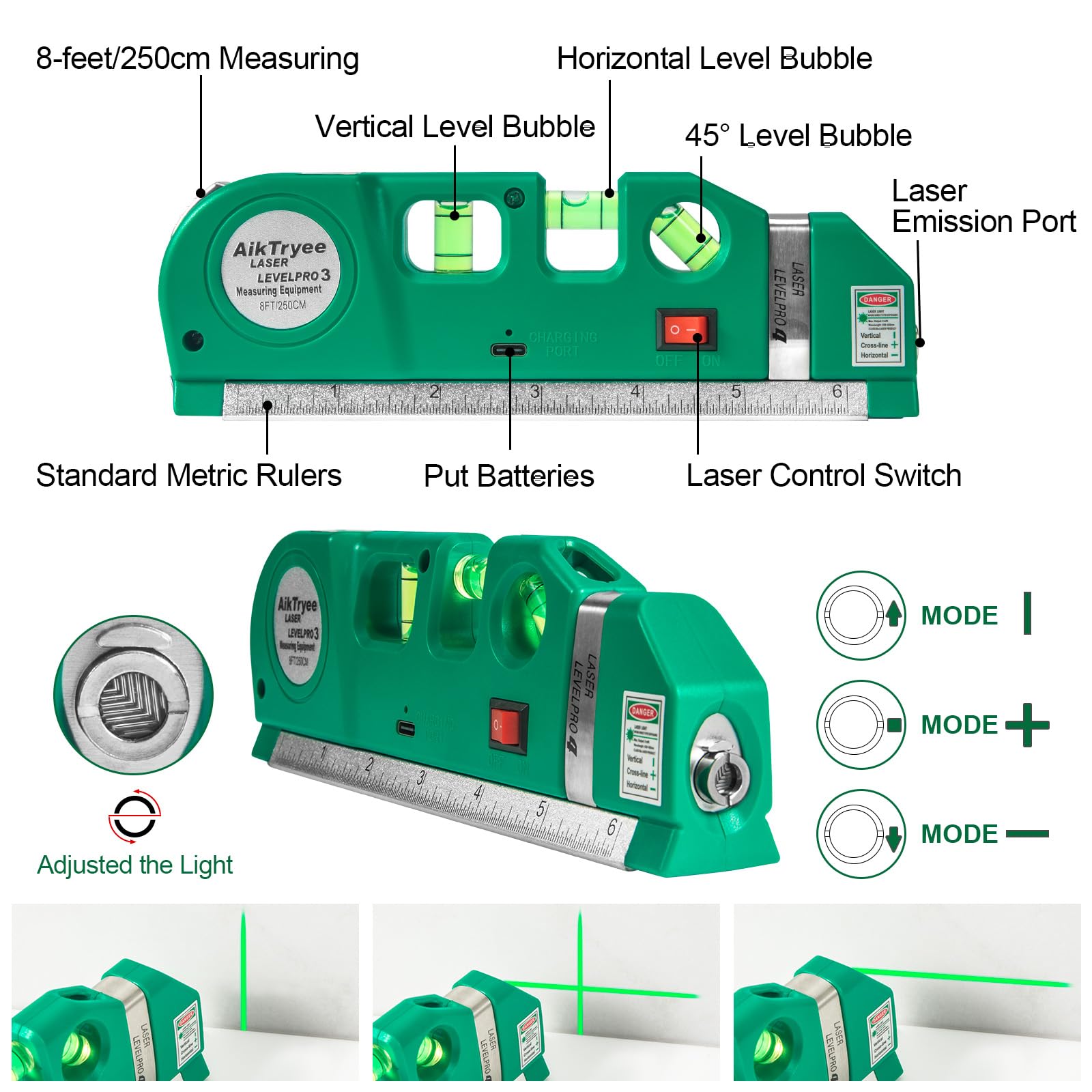 Level Tool Laser Level Leveler tool Cross Line Vertical and Horizontal Line with USB Rechargeable for Picture Hanging cabinets Tile Walls by AikTryee. view 3