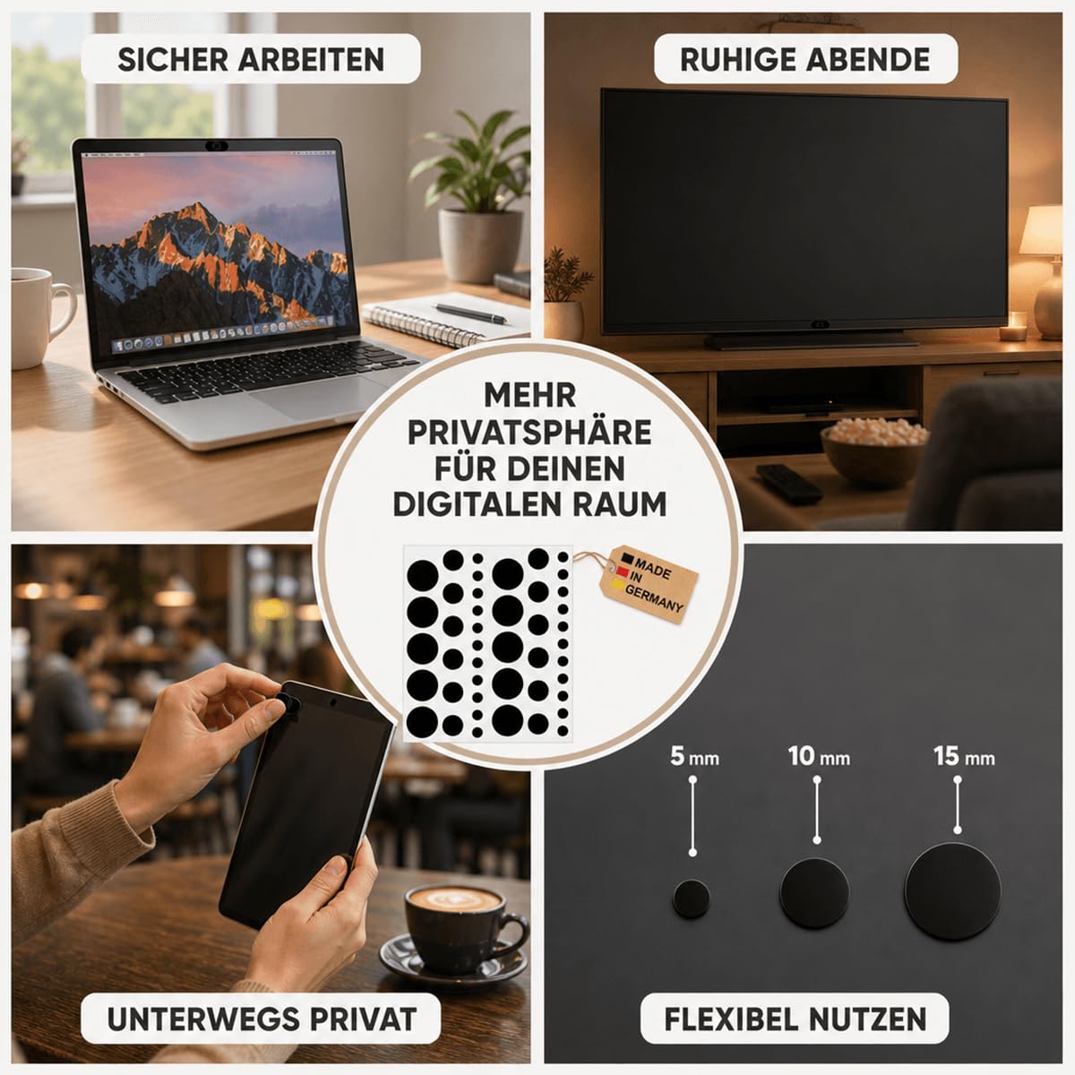 44 adesivi per fotocamera – nero lucido – 5/10/15 mm rotondo – webcam adesivo di protezione per cellulare, laptop, tablet – anche per coprire luci LED e standby