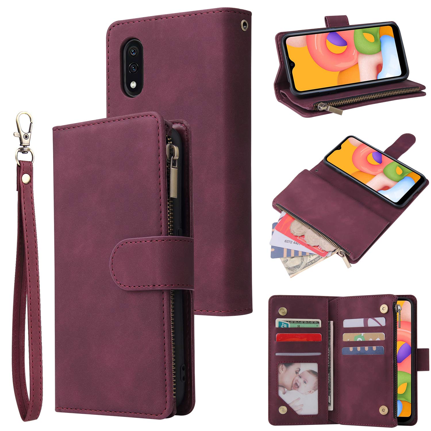 CHICASE Wallet Case for Galaxy A01,Samsung A01 Case,PU Leather Handbag Zipper Pocket Kickstand Card Holder Slots with Wrist Strap Flip Protective Phone Cover for Samsung Galaxy A01 (Wine Red)