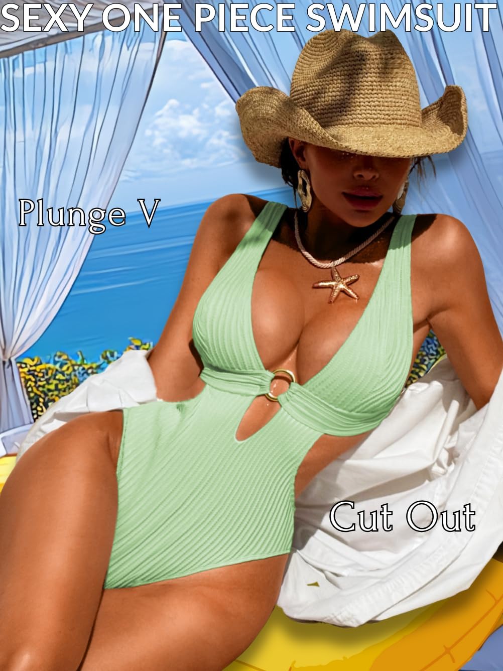 Sexy Women Plunge V One Piece Swimsuit,Cut Out Textured Cheeky High Cut Bathing Suit, Pool Party Monokini Rave Outfit - Image 2