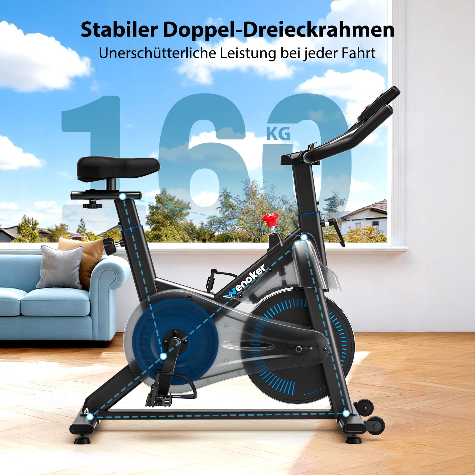 Wenoker Heimtrainer Fahrrad mit Verstellbarem Magnetwiderstand, Ergometer Hometrainer Fahrrad mit APP, LCD-Monitor, Tablet-Halter, Höhenverstellbar, Leises Fitnessbike Bis 160kg