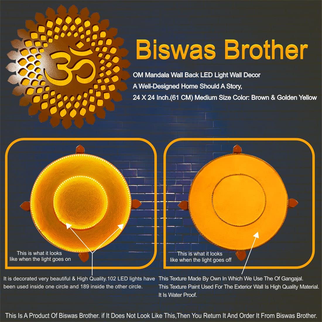 BISWAS BROTHER OM Mandala Wall Art, 24x24 Inch, Brown & Golden Yellow, LED Light, Wall Hanging Decor, Living Room, Hallway 3