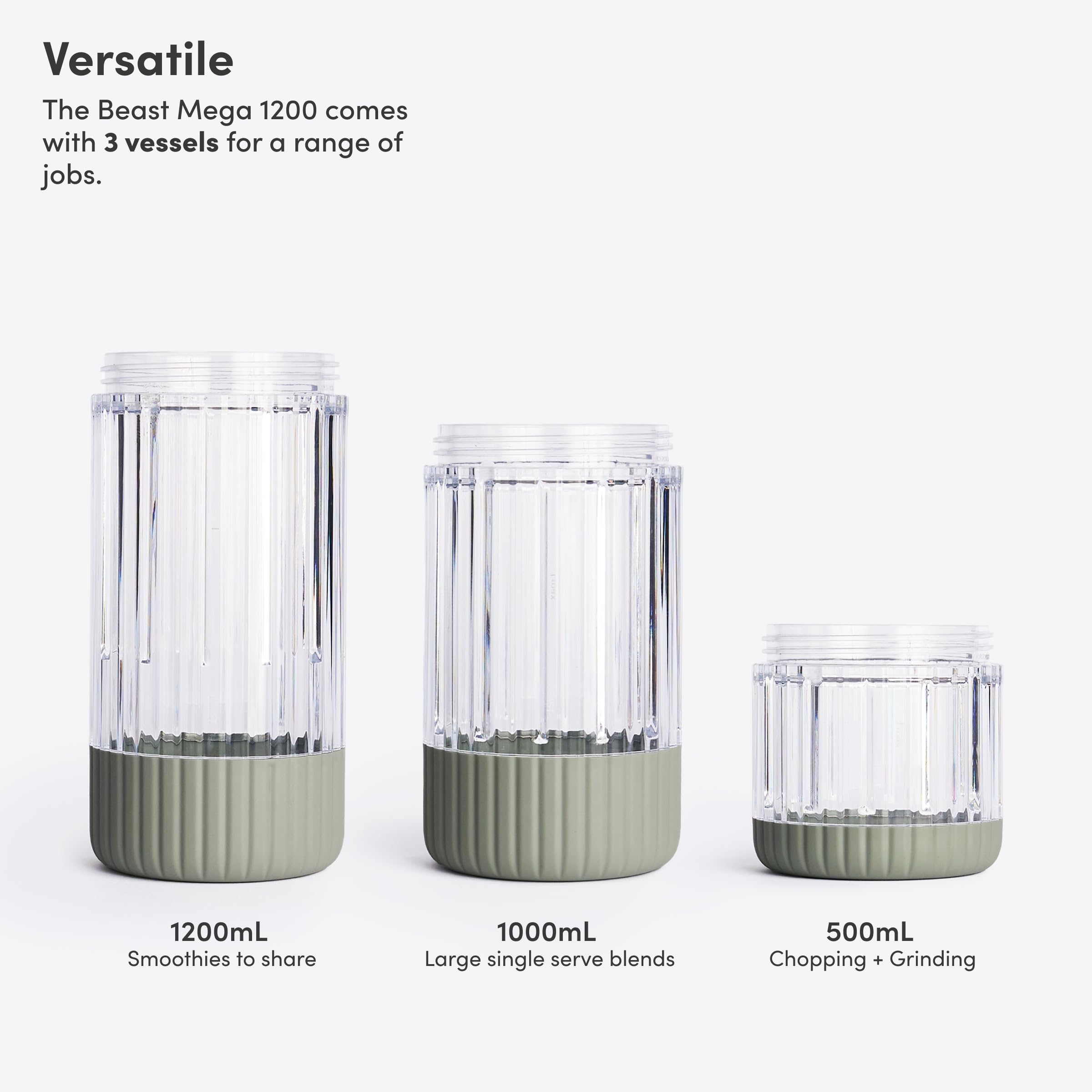 Beast Mega 1200 Plus | Premium Countertop Blender | Smoothies, Shakes, Sauces, Dips, Soups | Blends Ice and Frozen Fruit | XL Vessel | With Extra Vessels, Straw System | 1200W | (Sage, 120V)