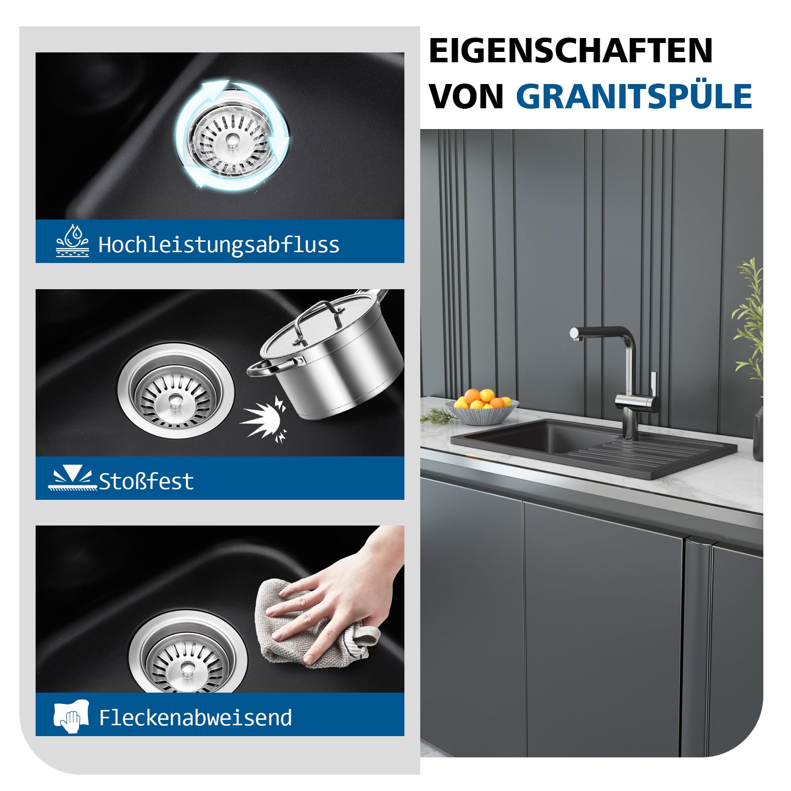 Schwarze Granit-Küchenspüle 76x46 cm | Umkehrbare Küchenspüle mit Überlauf, großes Einbauspülbecken für 50cm-Unterschränke, hitzebeständig & pflegeleicht