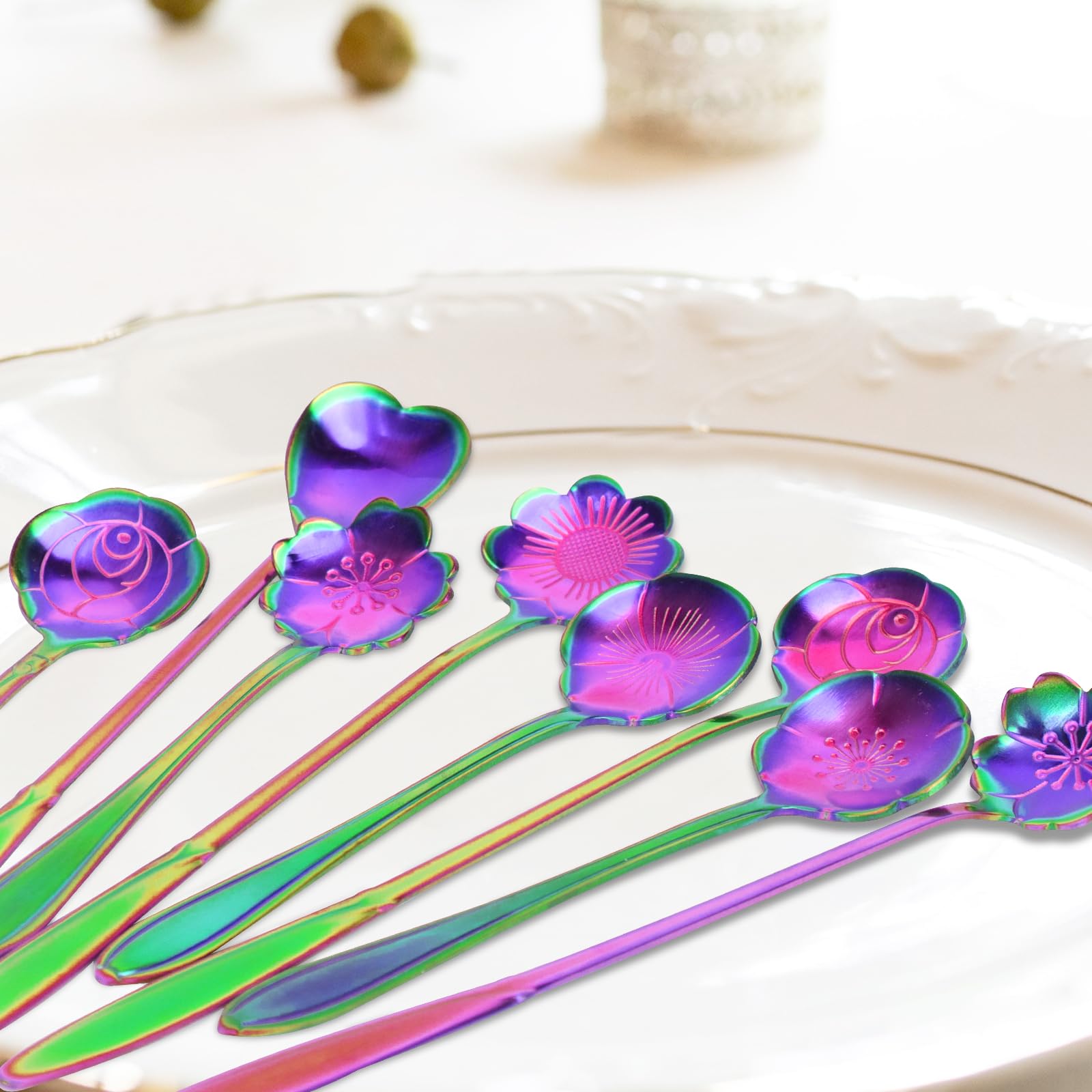 SelfTek 8 szt. tęczowy zestaw łyżek kwiatowych, 2 różne rozmiary kolorowe ze stali nierdzewnej wielokrotnego użytku kawa cukier mieszanie deser ciasto łyżeczki do herbaty stół mieszanie lodu herbata