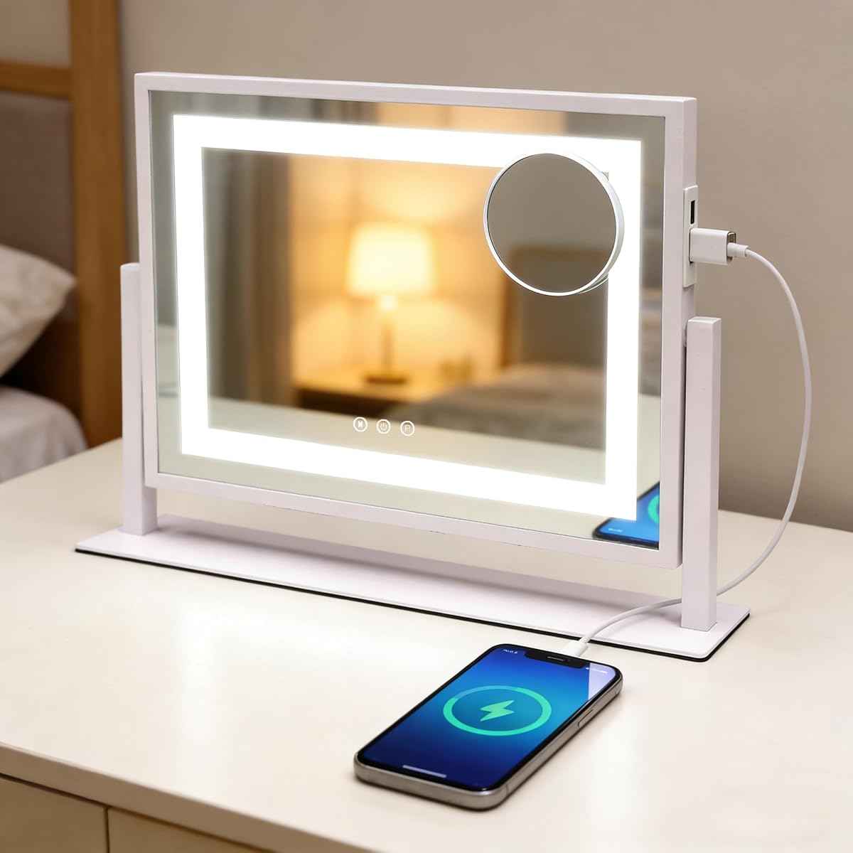 Espejo de tocador con luces, espejo de maquillaje iluminado con control táctil y 3 modos de color, aumento de 10X y LED regulable, puerto de carga USB, espejo de mesa de escritorio para maquillaje (24 x 19 pulgadas)