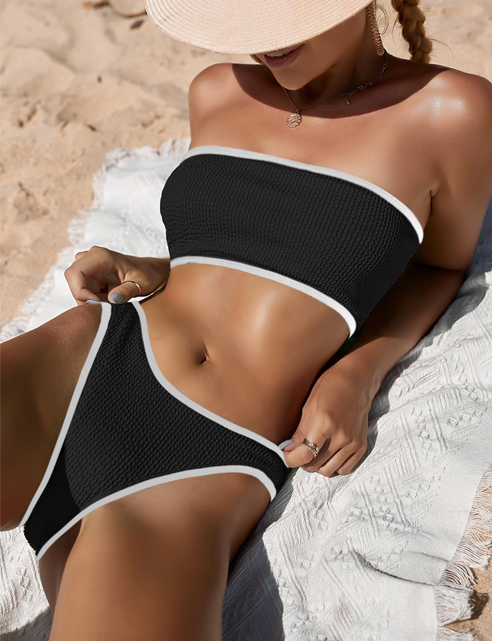 YIMISAN Costume da bagno da donna a due pezzi a fascia, a coste, senza spalline, top a tubo, vita media, Bianco e nero., M