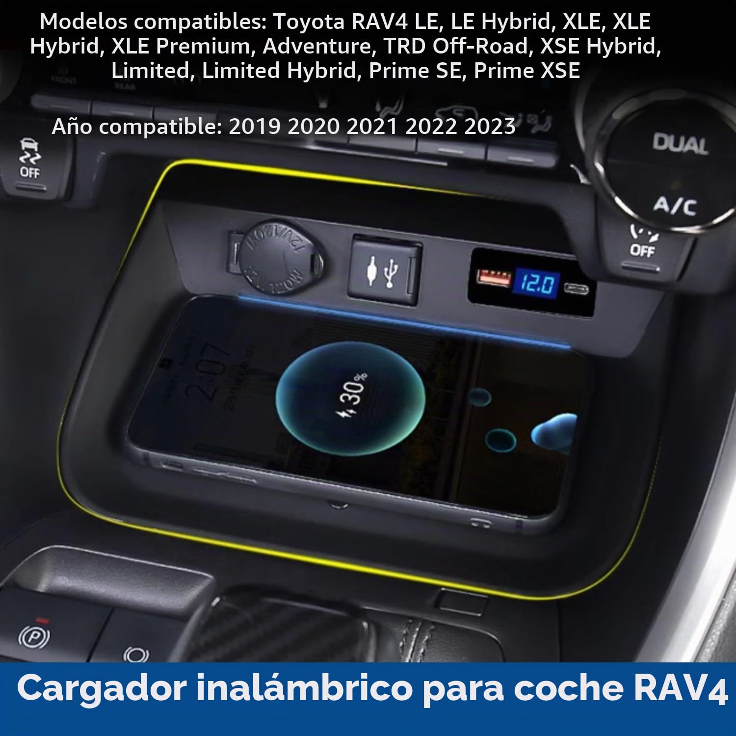 Cargador Inalámbrico Coche para Toyota RAV4 2019 2020 2021 2022 2023,15W Carga Rápida Auto Teléfono Cargador para Toyota RAV4 LE XLE Hybrid Premium XSE Limited SE Prime Accesorios(Left Drive)