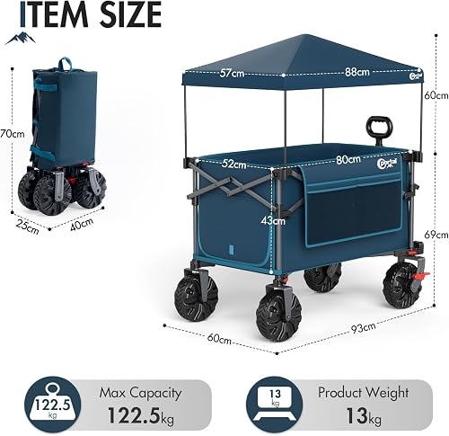 Portal Carrello pieghevole da festival e spiaggia con ruote e tettuccio; carrello XXL da 350L, carrello da campeggio robusto con freni, portellone aperto, carrello da traino pieghevole, carrello da - 7