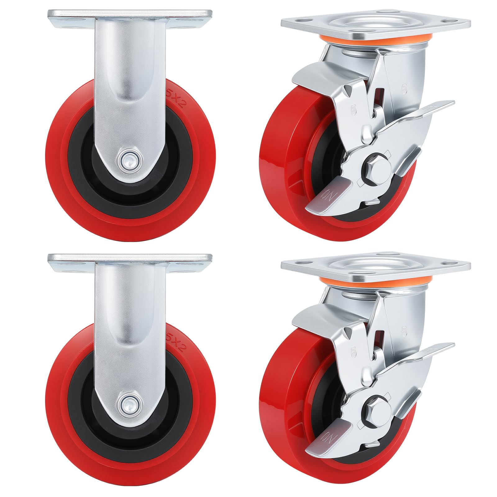Nfbcxutkw 2Side Brake & 2 Rigid 5 Inch Caster Wheels,Heavy Duty Caster Set Of 4,Polyurethane Surface Tpe Casters,Load 4000Lbs Swivel Brake Plate Casters,For Trolleys、Logistics Handling、Industrial Equipment(2Side Brake & 2 Rigid)