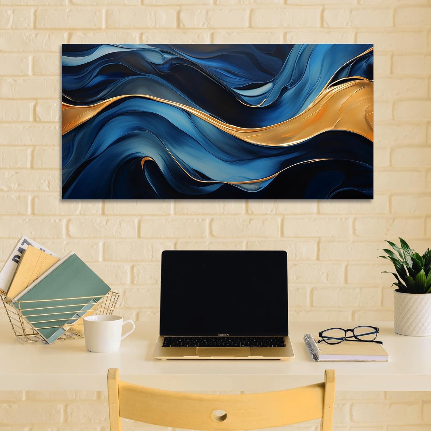 JGGXHM Blue gold foil abstract art A Large Modern Wall Art, Line Art, Home Decor, Drawing, Minimalist golden blue painting -(18x43cm) 7x17in internal frame