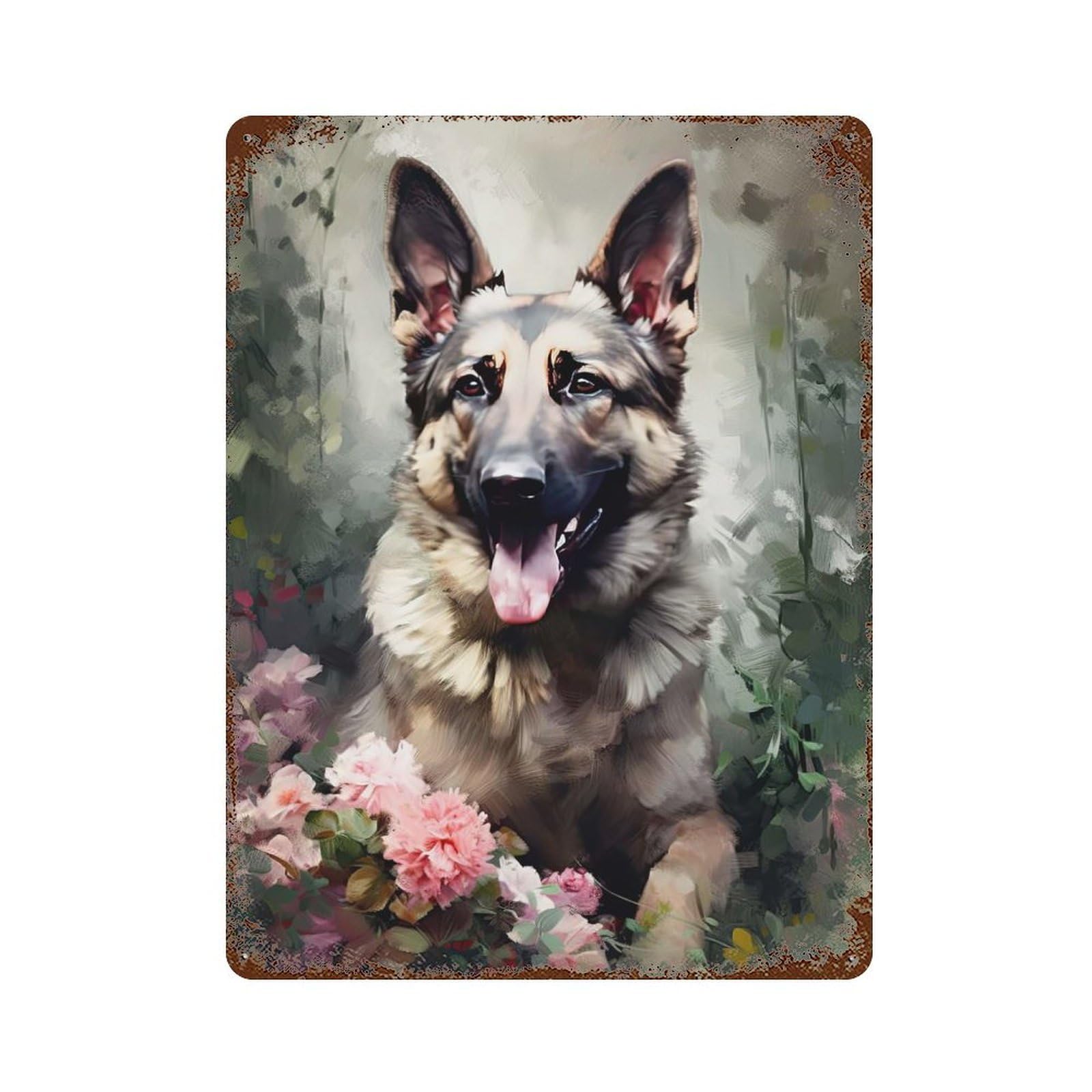 German Shepherd Flowers Weathered Tin Sign 15.7"x11.8", Ideal for Basement, Hobby Room And Garage Decor