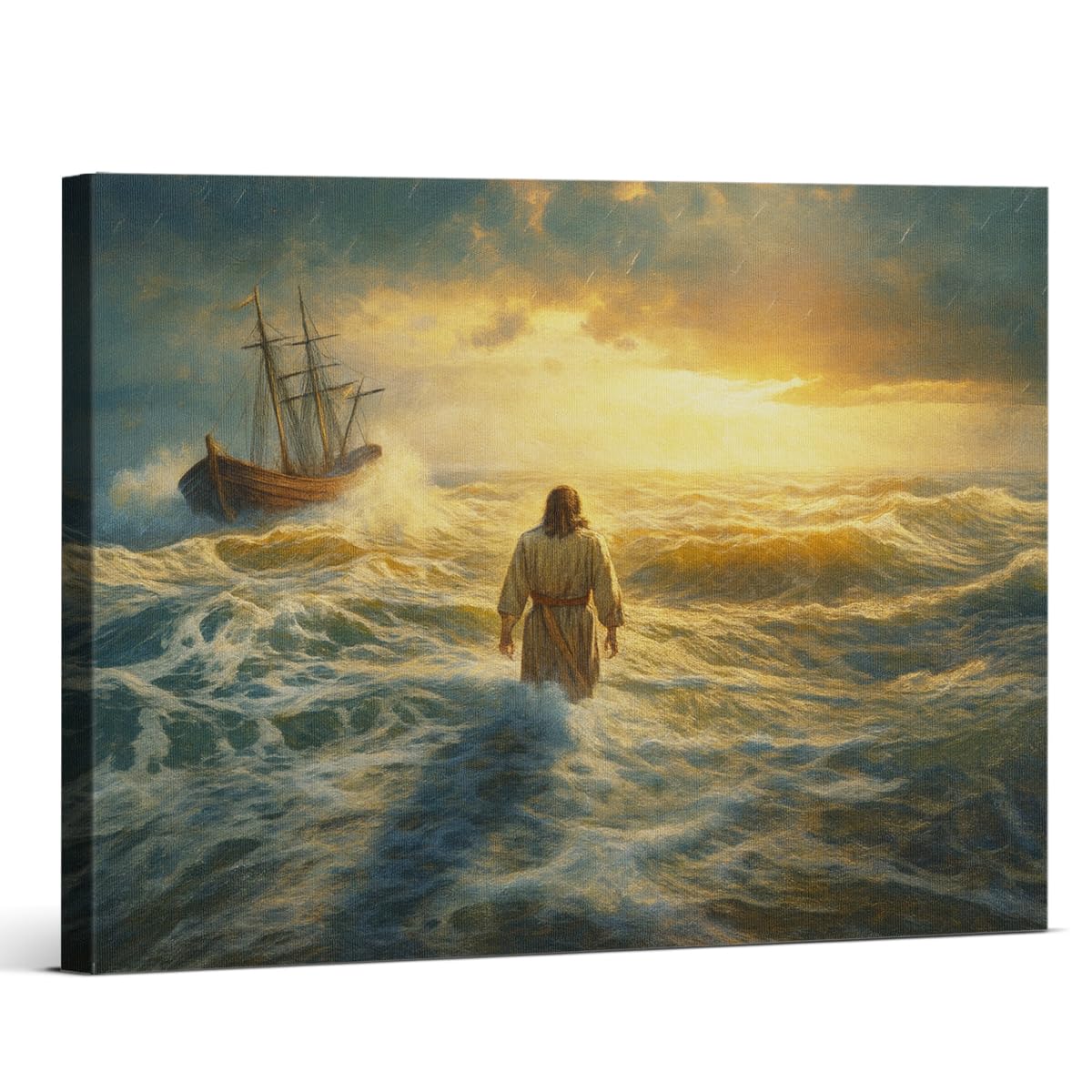 Jesus Walking on Water Canvas Wall Art Print, Religious Jesus Christ Seascape Poster Picture Christian Wall Decor for Home Living Room Church 8x10 Inch
