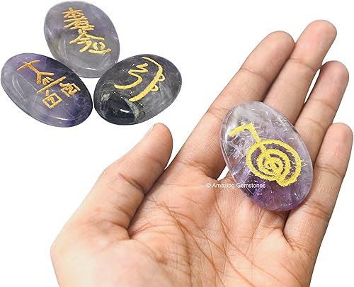 Miniatura 3 de Amazing Gemstone Piedras de Reiki de cristal de amatista con símbolos grabados para curación Usui Reiki, juego de 4 piezas (juego de regalo de Reiki