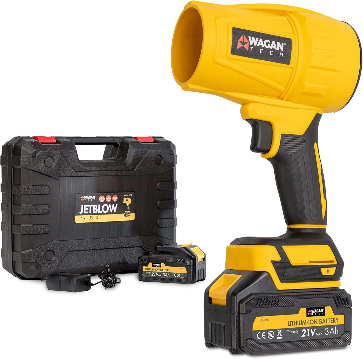 Wagan EL7213 Handheld Cordless Leaf Jet Blower 31000RBP High Performance Turbo Air Duster, Including 2 UL Certified 3.0Ah Batteries, Portable Lightweight Duster Cleaner for Home and Car Cleaning Use