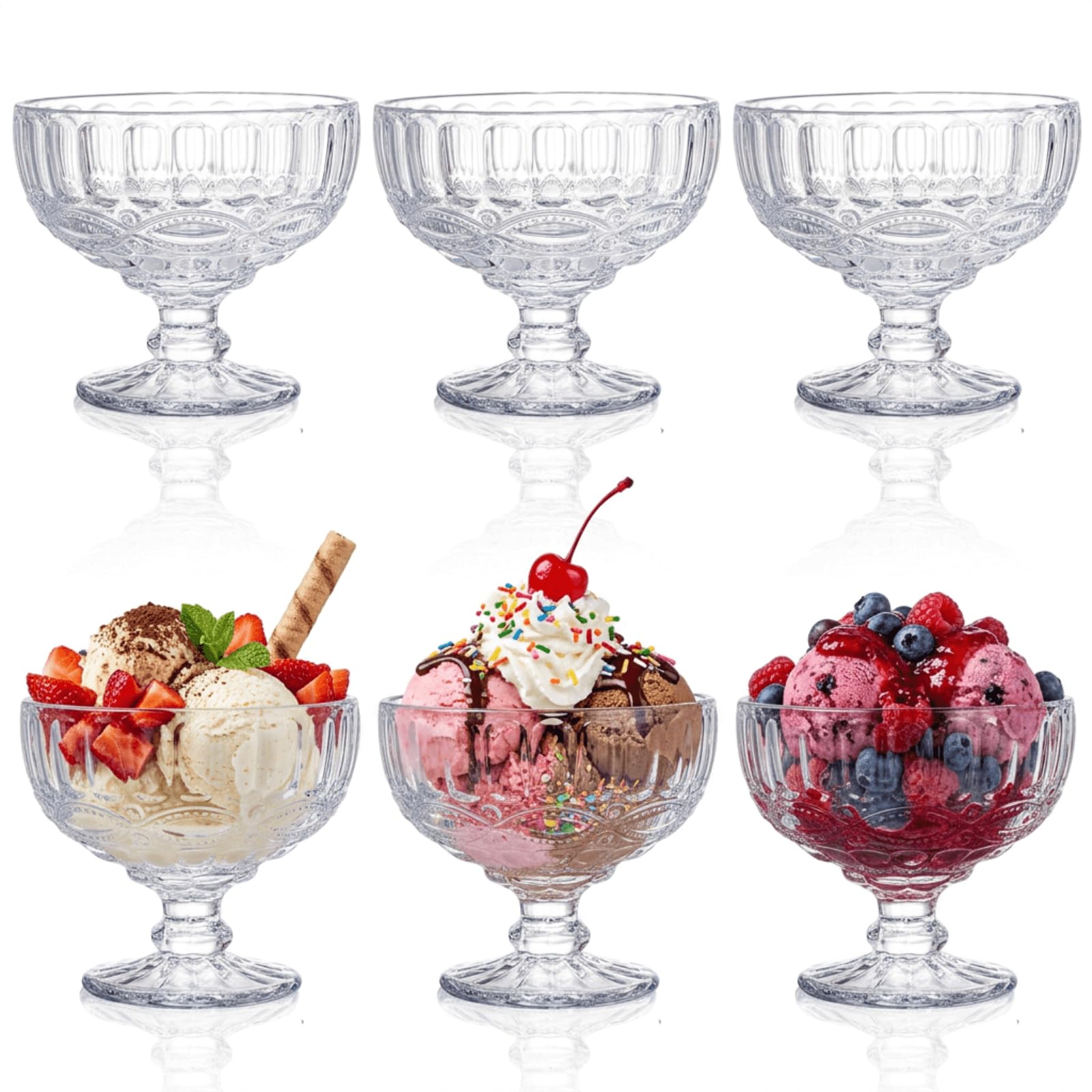Photo 1 of Youeon 6 Pack Vintage Embossed Glass Dessert Cups, 12oz Footed Sundae Glasses for Ice Cream, Parfait, Trifle, Fruit, Yogurt, Clear Glass Dessert Bowls for Party Serving