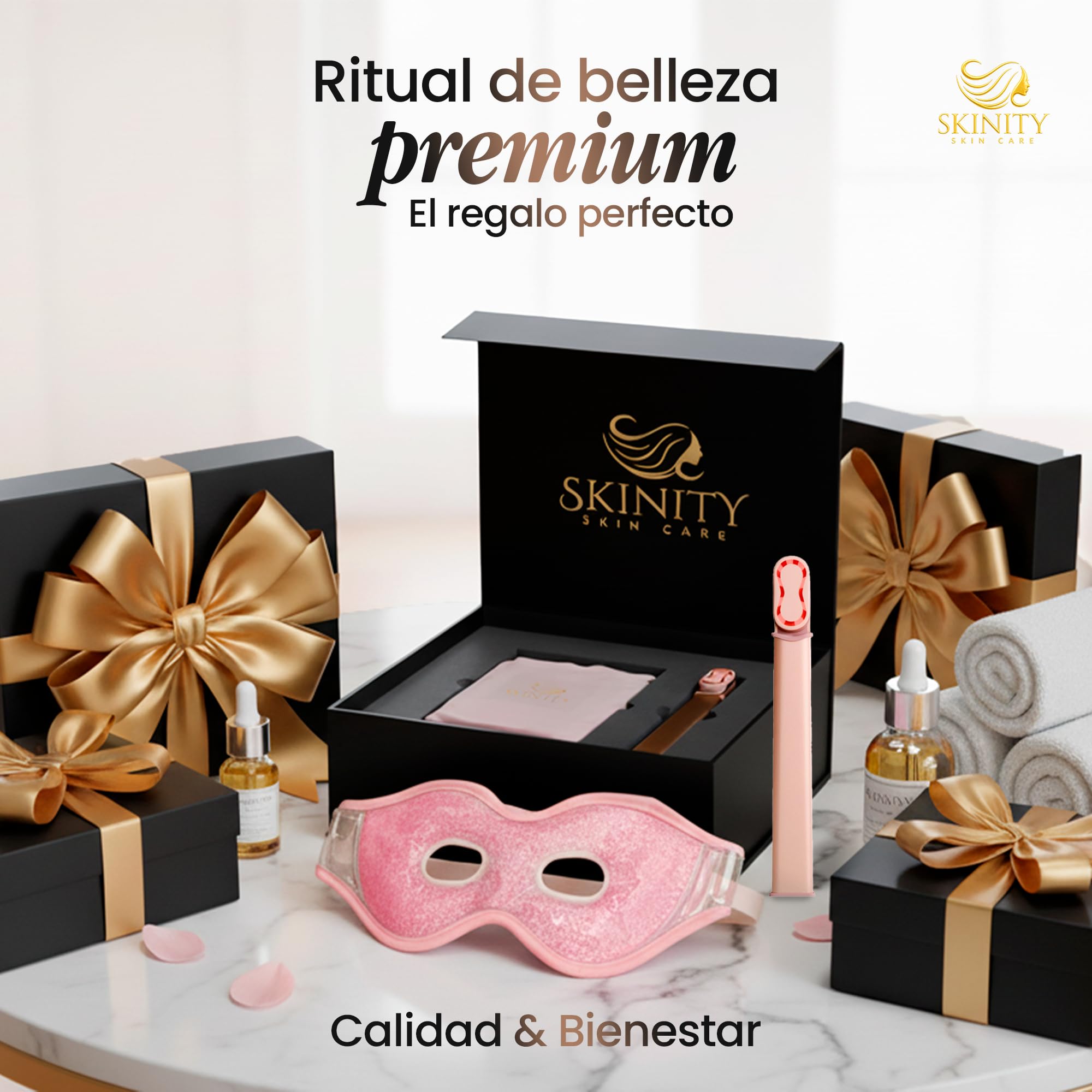 Masajeador Facial Reafirmante con Luz LED y Vibración Tensora | Cara Cuello y Mentón | 8 Posiciones | Calor Suave | Set + Antifaz Frío Calor Contorno Ojos y Mirada | Piel Sensible
