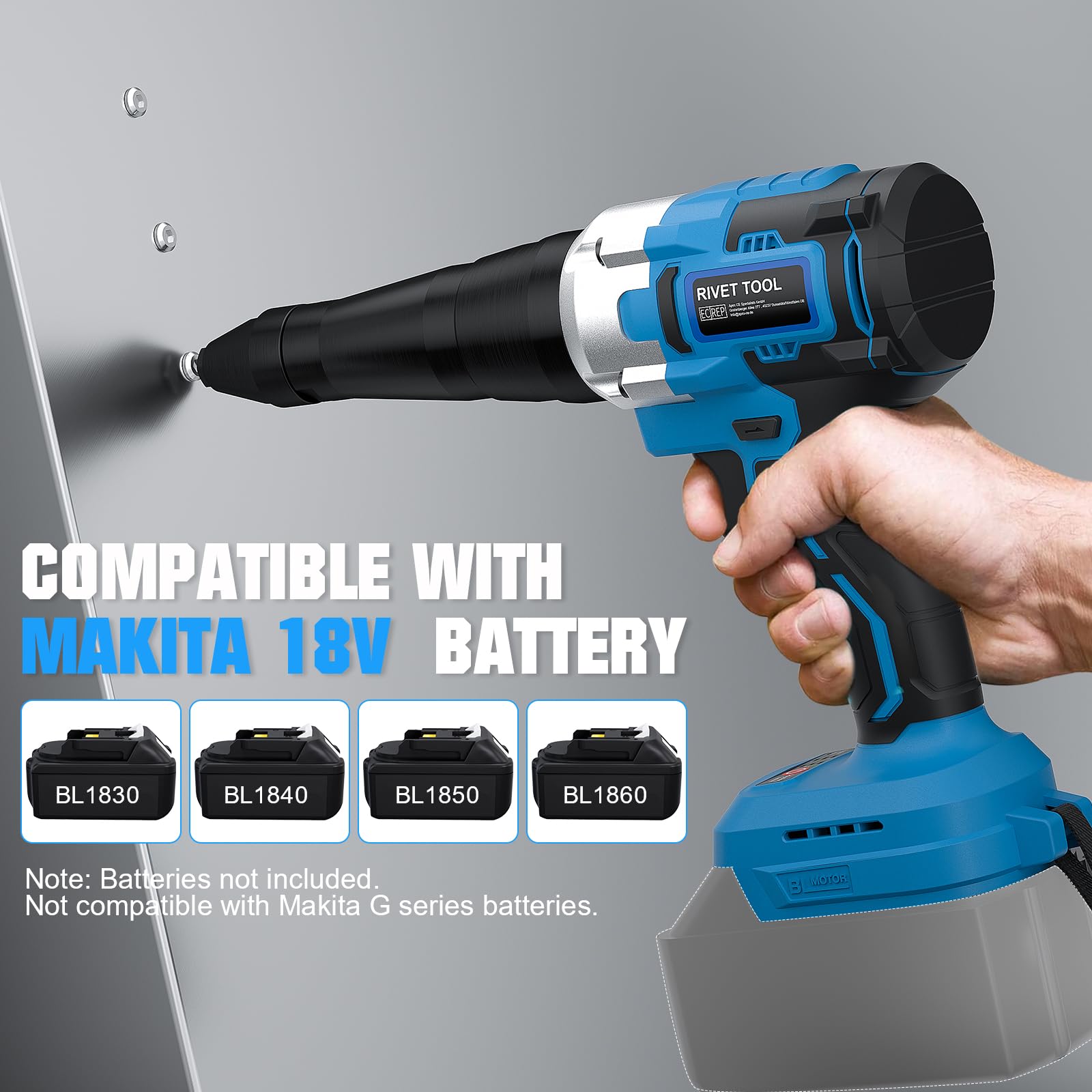 ONEVAN rivettatrice a batteria, 20.000N pistola per rivetti 2,4-5,0 mm, per Makita 18V, storke 18mm, senza spazzole, rivettatrice elettrica automatica, pistola rivettatrice batteria (senza batteria