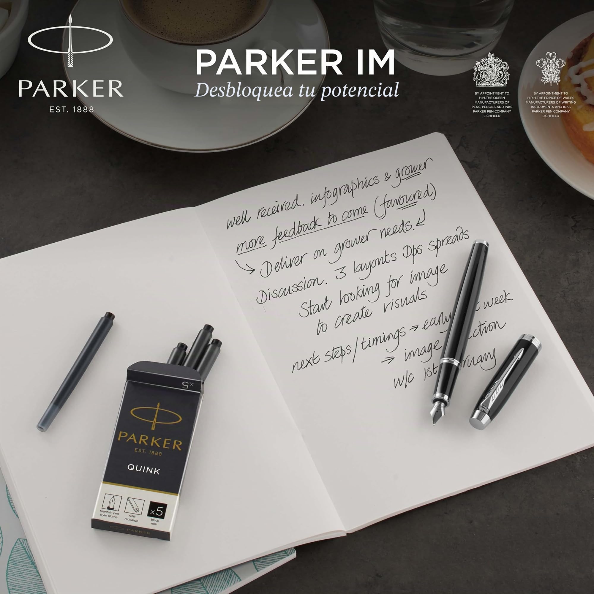 Parker IM set de regalo doble con bolígrafo y pluma estilográfica, acabado negro con adorno dorado, cartucho y recambio de tinta azul, estuche de regalo