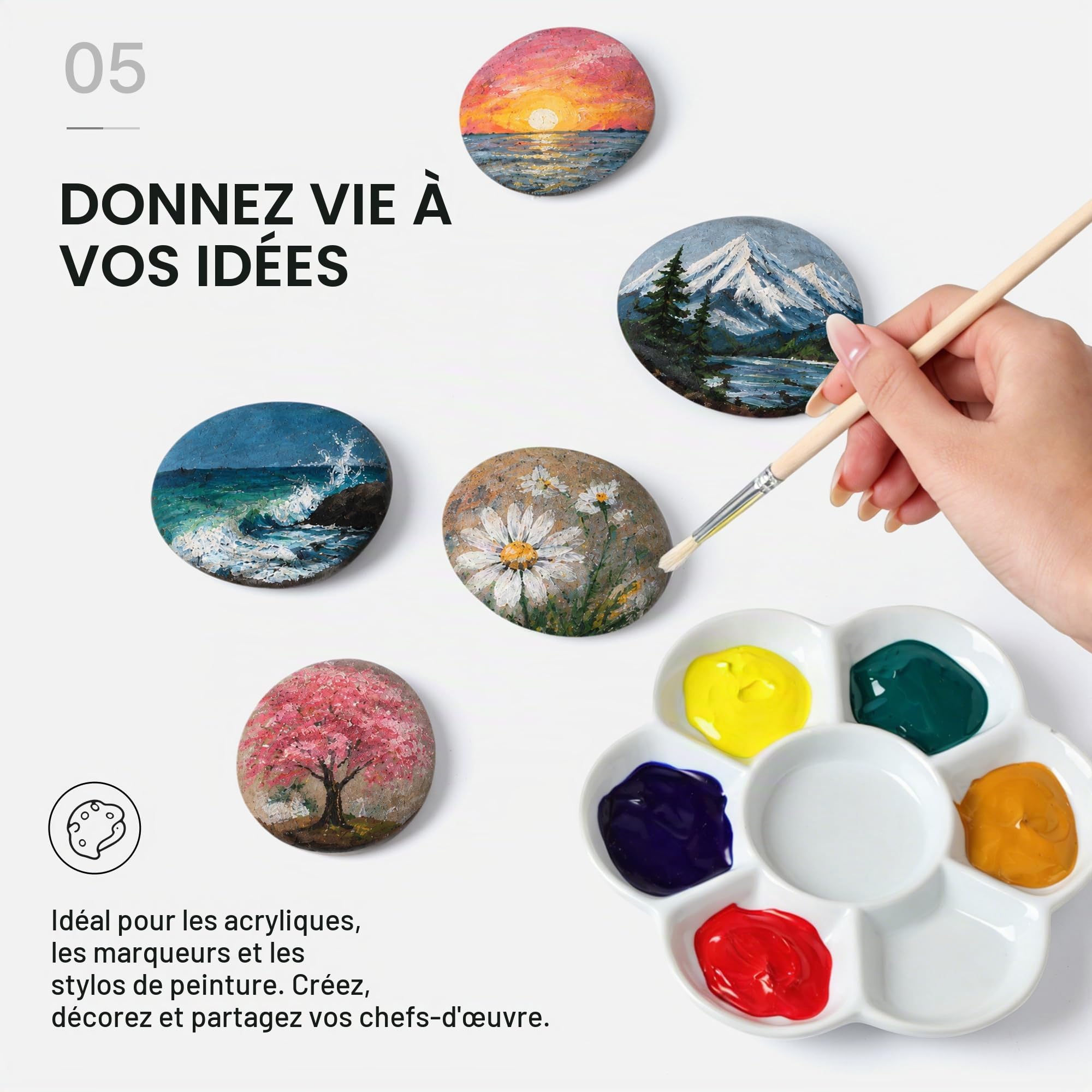 ROCART Lot de 100 Pierres de Rivière Naturelles Lisses 5,5-8,5 cm pour Peinture, Galets Plats pour Loisirs Créatifs, Galets de Gentillesse, École, Jardin et Projets DIY