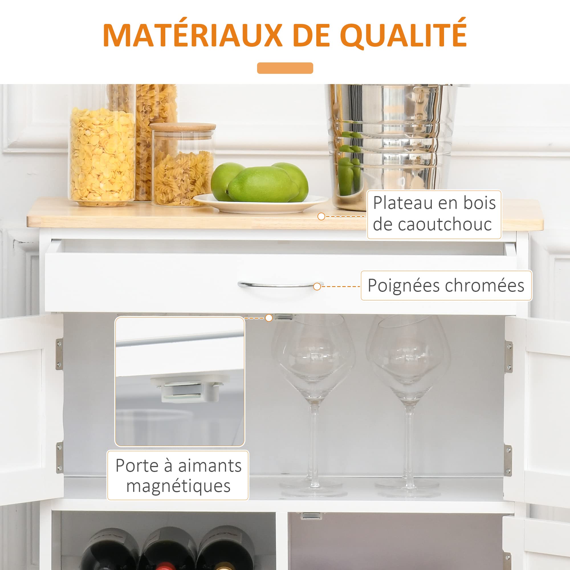 HOMCOM Desserte de Cuisine Multi rangements 2 placards tiroir casier 9 Bouteilles MDF Blanc Plateau Bois Caoutchouc