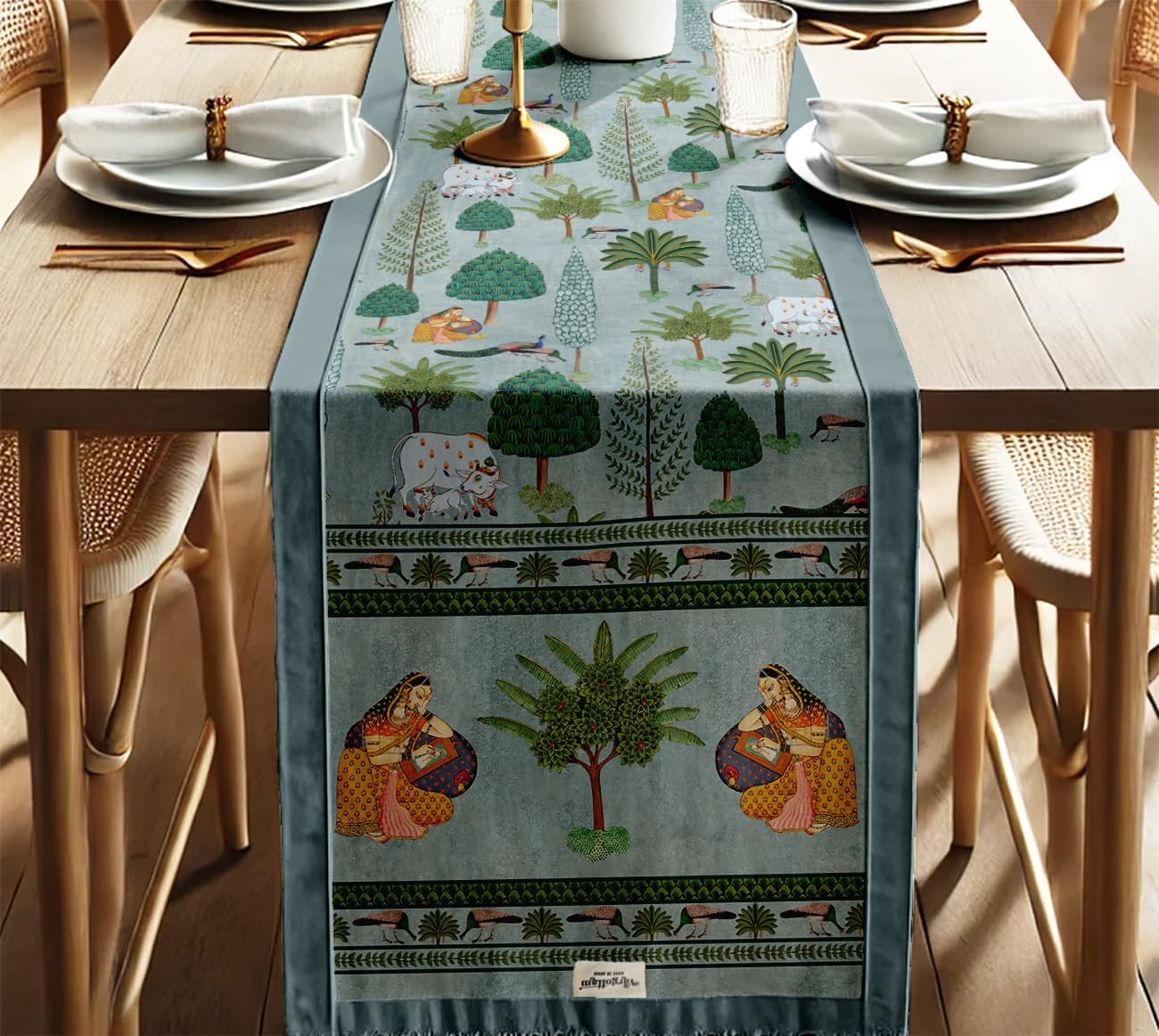 Premium Cotton Table Runner - Lightweight Double Layer - Border Design - Machine Washable Farmhouse Table Decor - Asian