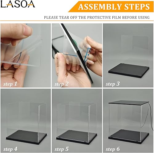 Miniatura 8 de LASOA Vitrina acrílica para coleccionables con luz LED, caja de exhibición de vidrio alternativo con base y tapa negras, escaparate de