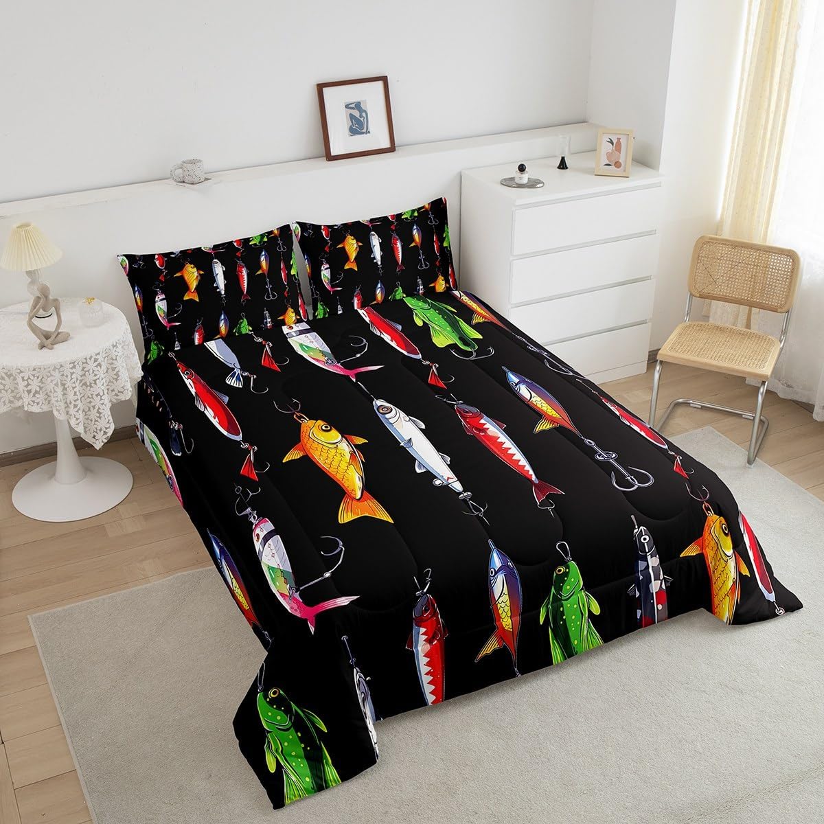 Erosebridal Fish Comforter Set Hunting Bedding Twin Size Colorful Fish Hook Fishing Theme Bedding Comforter Sets Sea Animal Quilt Black Room Decor Down Comforter for Kids Boys Girls Teens