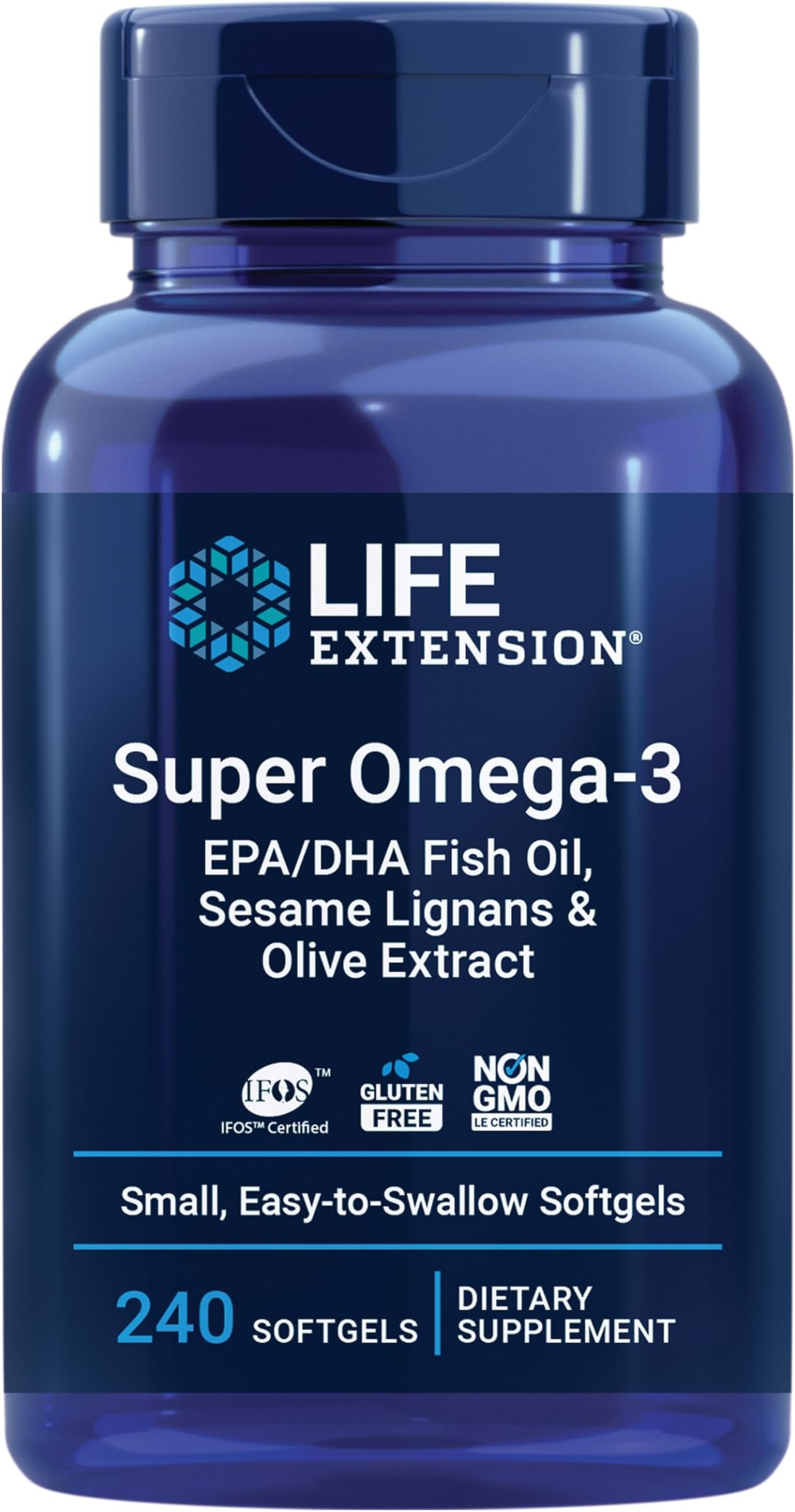 Super Omega-3 with EPA/DHA Fish Oil, Sesame Lignans & Olive Extract For Heart Health and Brain Support Gluten Free Non-GMO Small Easy-To-Swallow, 240 Softgels