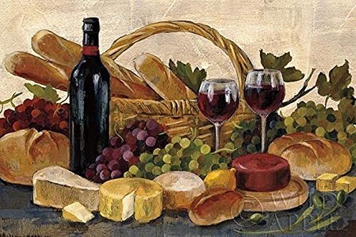 Buyartforless Póster artístico de la cosecha de vino toscano con uvas queso y pan, 40 x 30 pulgadas