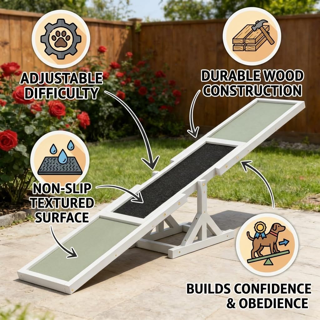 Wooden Agility Seesaw for Dogs, Pet Agility Seesaw, Adjustable Balance Training Equipment with Non-Slip Surface, for Puppy Obedience Practice and Outdoor Dog Sports