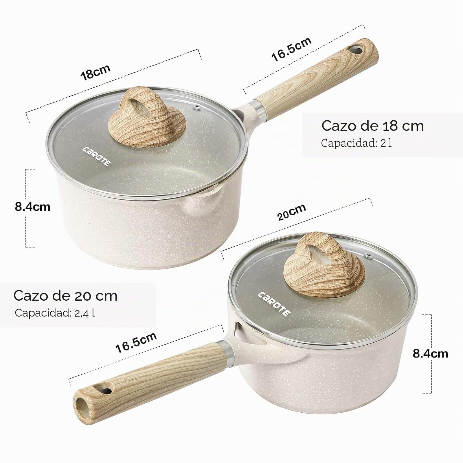 CAROTE Set de 2 Cazos Antiadherentes 16cm y 18cm Blancos, Revestimiento de Granito, Inducción, Mango de Madera, Sin PFOA, Juego de Cazos de Cocina