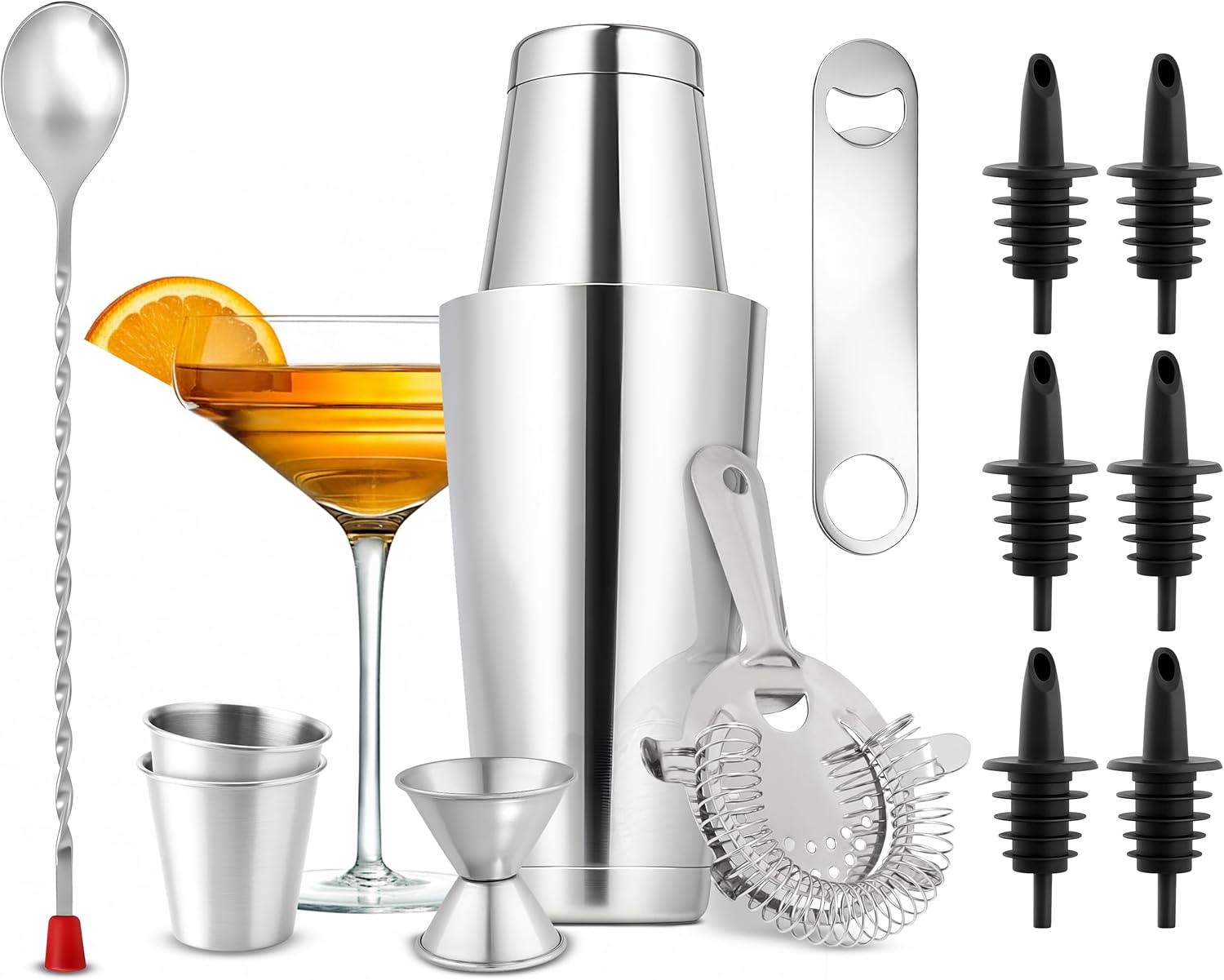 NutriChef Mixology Bartender Cocktail Shaker Set - Includes 15 & 30 oz Stainless Steel Shakers, 6 Bottle Pourers & More - Essential Martini Making Kit - Drink Mixing Set - 15 Piece Cocktail Bar Set