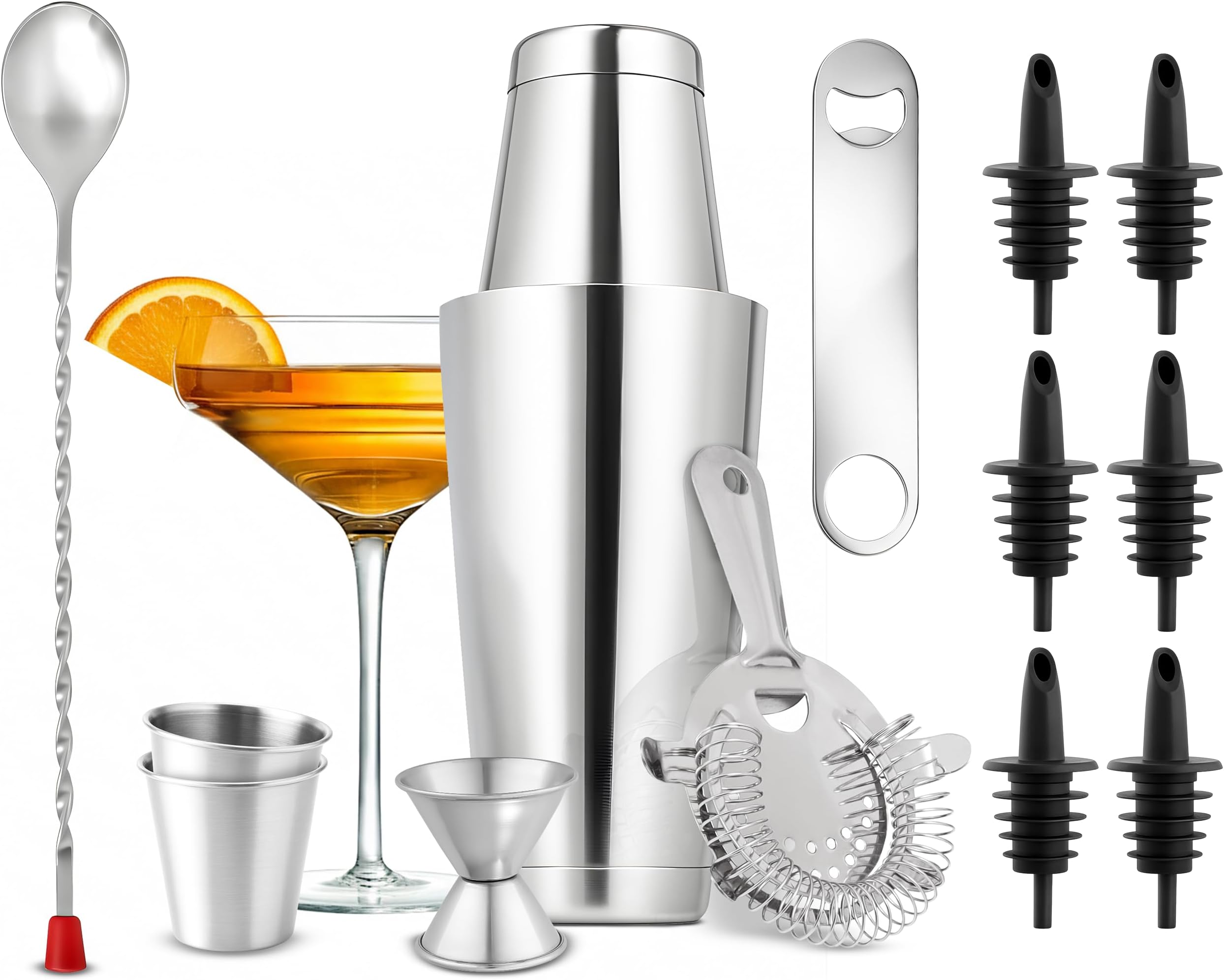 Mixology Bartender Cocktail Shaker Set - Includes 15 & 30 oz Stainless Steel Shakers, 6 Bottle Pourers & More - Essential Martini Making Kit - Drink Mixing Set - 15 Piece Cocktail Bar Set