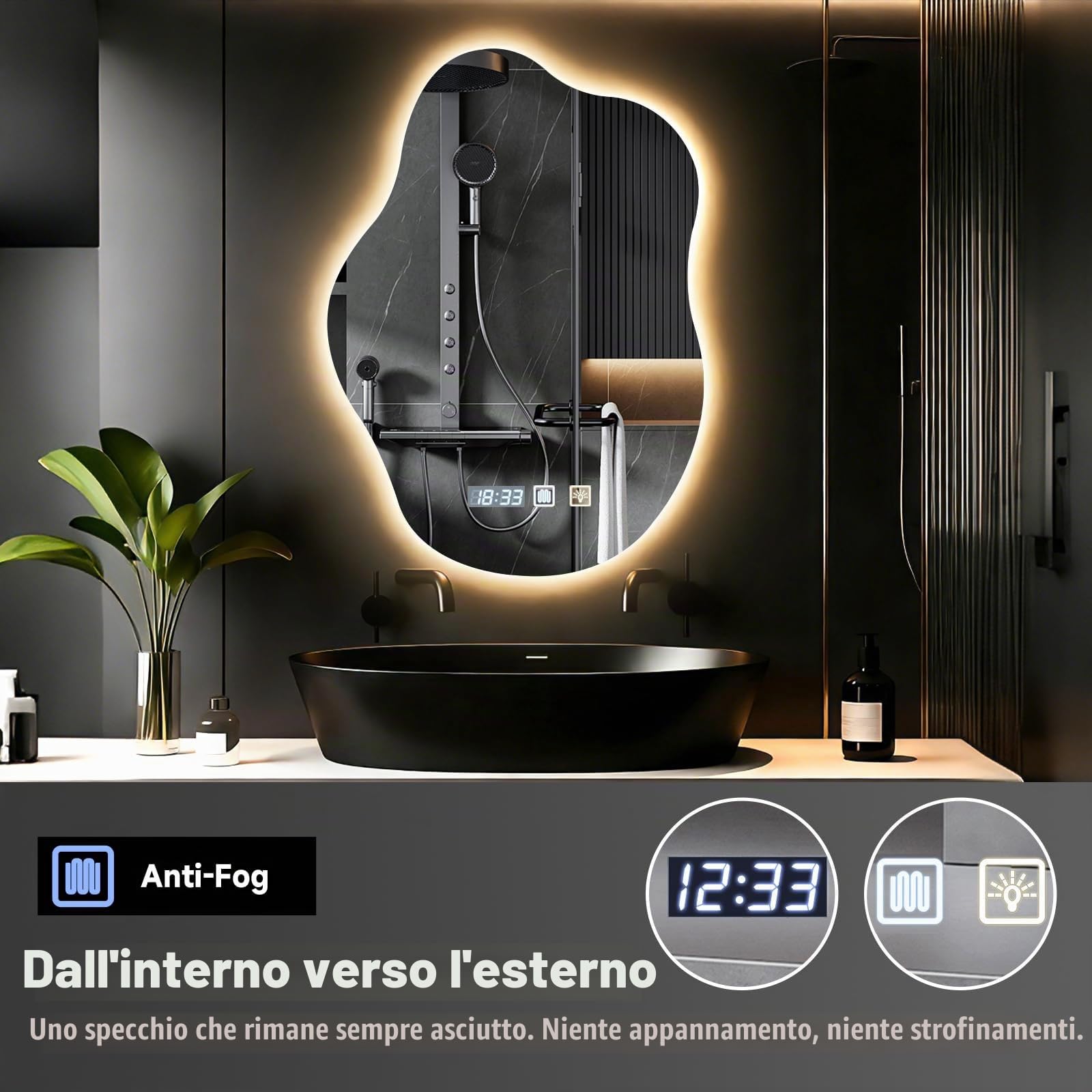 Specchio da bagno con illuminazione,specchio cosmetico a forma di nuvola 70x50 cm,3 colori di luce,dimmerabile, antiappannamento,interruttore touch,per soggiorno,camera da letto, ingresso