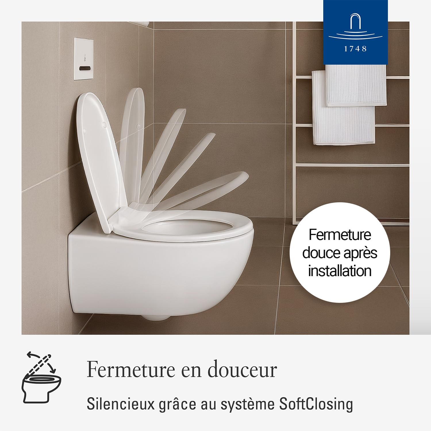 Siège de WC universel Villeroy & Boch - Abattant de WC blanc brillant avec fermeture frein de chute - amovible et incassable en plastique thermodurcissable - forme ovale - Pièces détachées d'origine