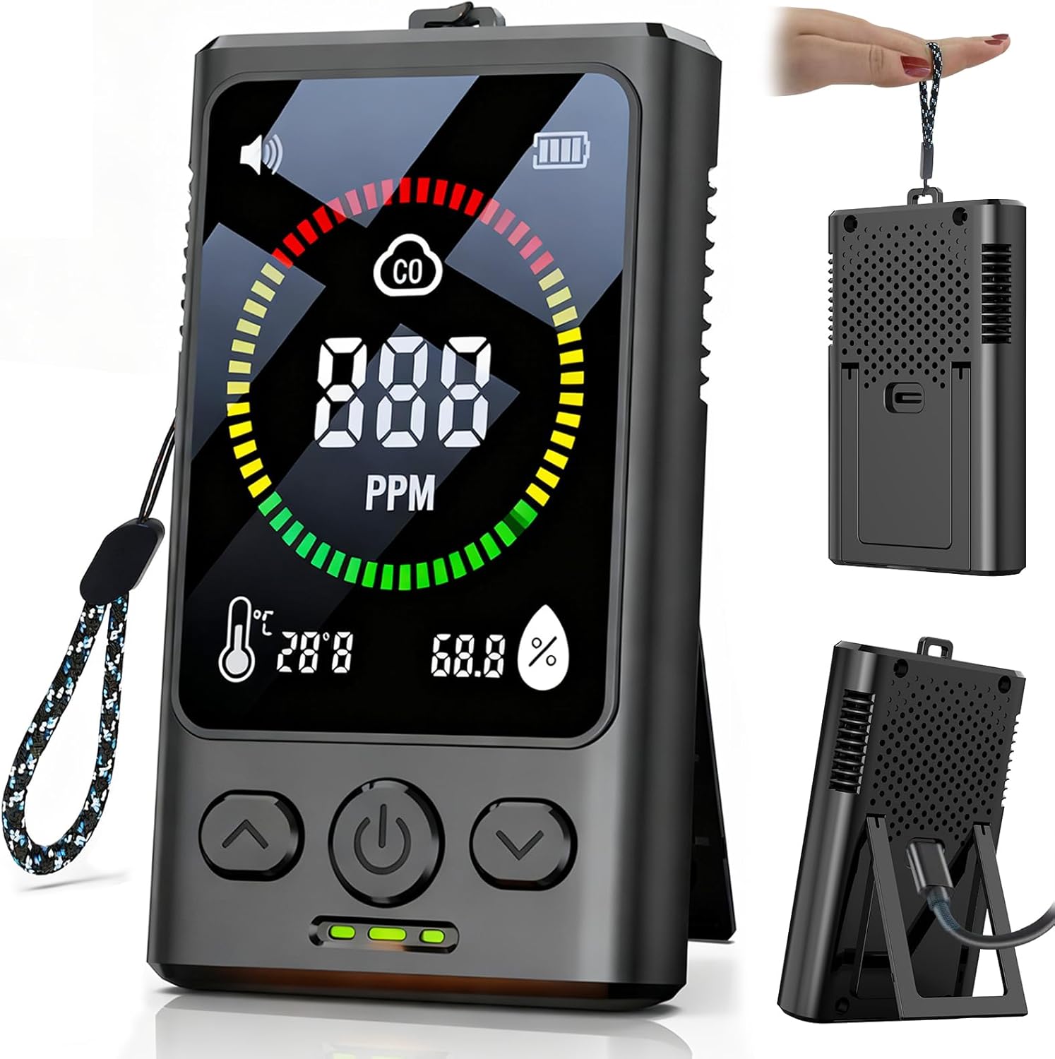 Portable Carbon Monoxide Detector for Travel, 3-in-1 Rechargeable Carbon Monoxide Alarm, 168H Standby, Temp/Humidity Detection, CO Monitor with Audible & Visual Alarm for Camping, Car, RV, Hotel