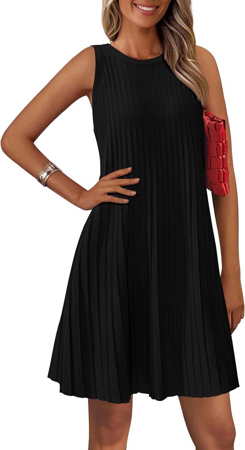 PRETTYGARDEN Womens 2025 Summer Sleeveless Mini Dress Crewneck Loose Tank A Line Pleated Swing Flowy Party Dresses Black Medium