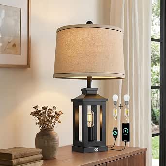 G-SAFAVA 23.75" Retro Farmhouse Black Table Lamp with USB-C and A Ports, Touch Control, 2 Light Sources
