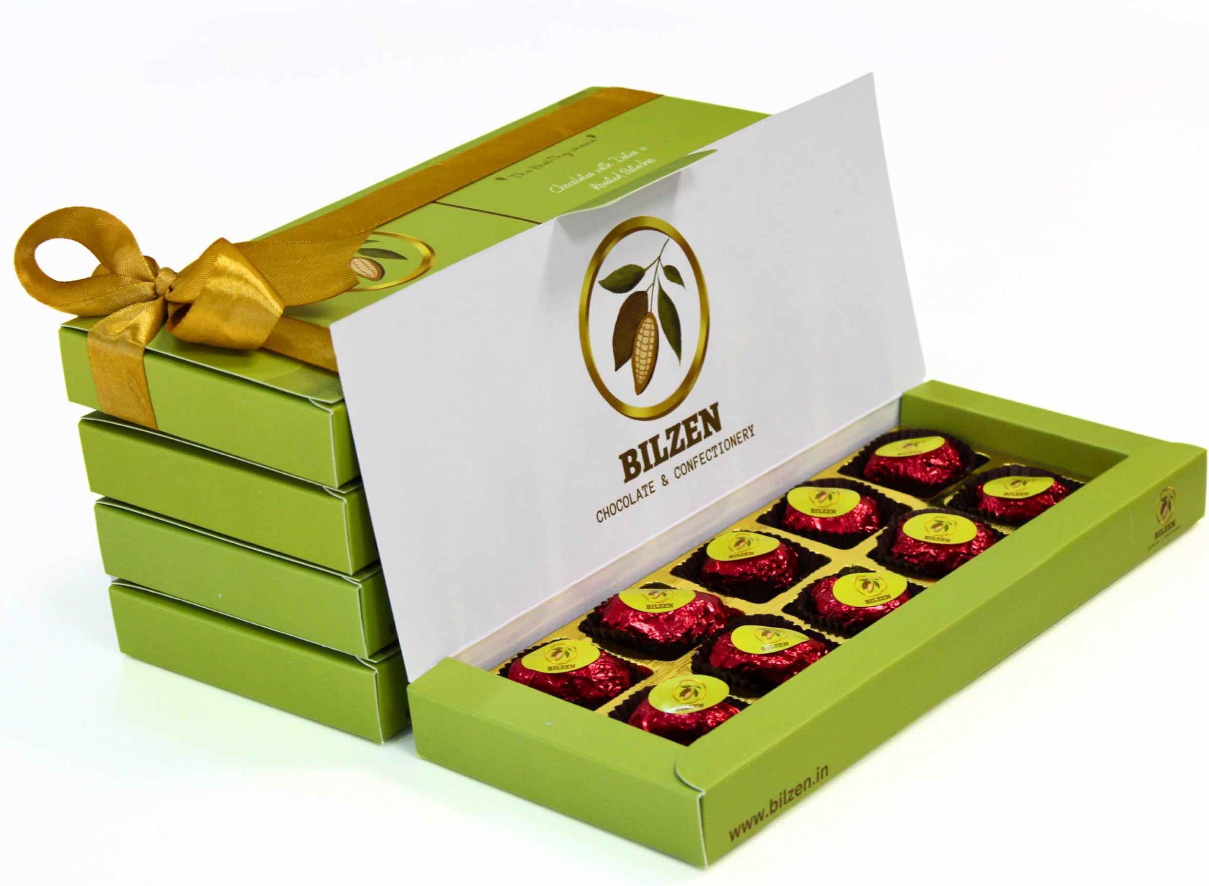 BILZEN Gourmet Dark Chocolates with Dates And Roasted Pistachio Gift Box | No Preservative | No Added Sugar | Healthy Snacks | 10 Piece, Pack of 1