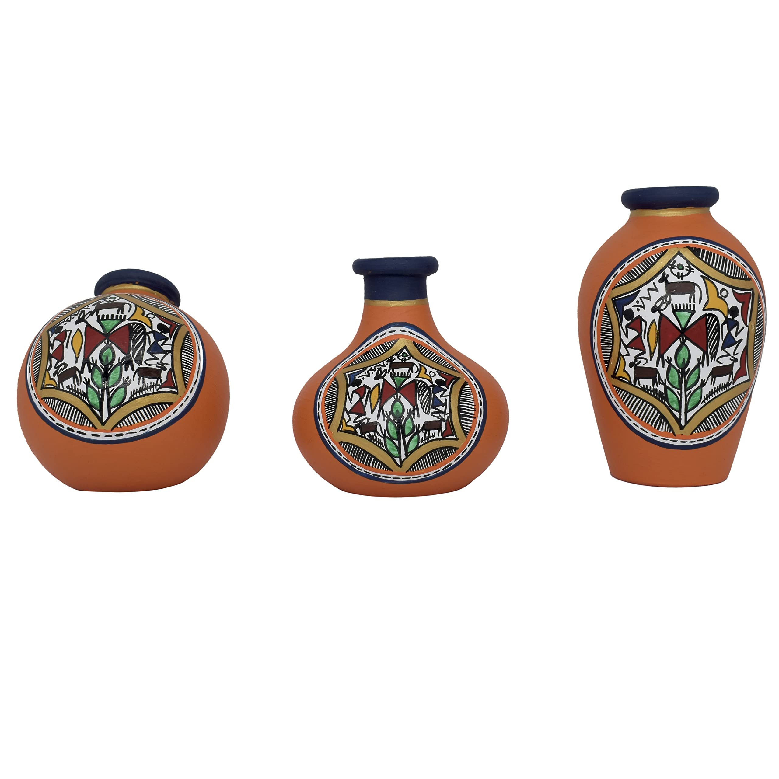 Vintage Warli Terracotta Pots - 3 Piece Combo -14 Vintage Warli Terracotta Pots - 3 Piece Combo -14