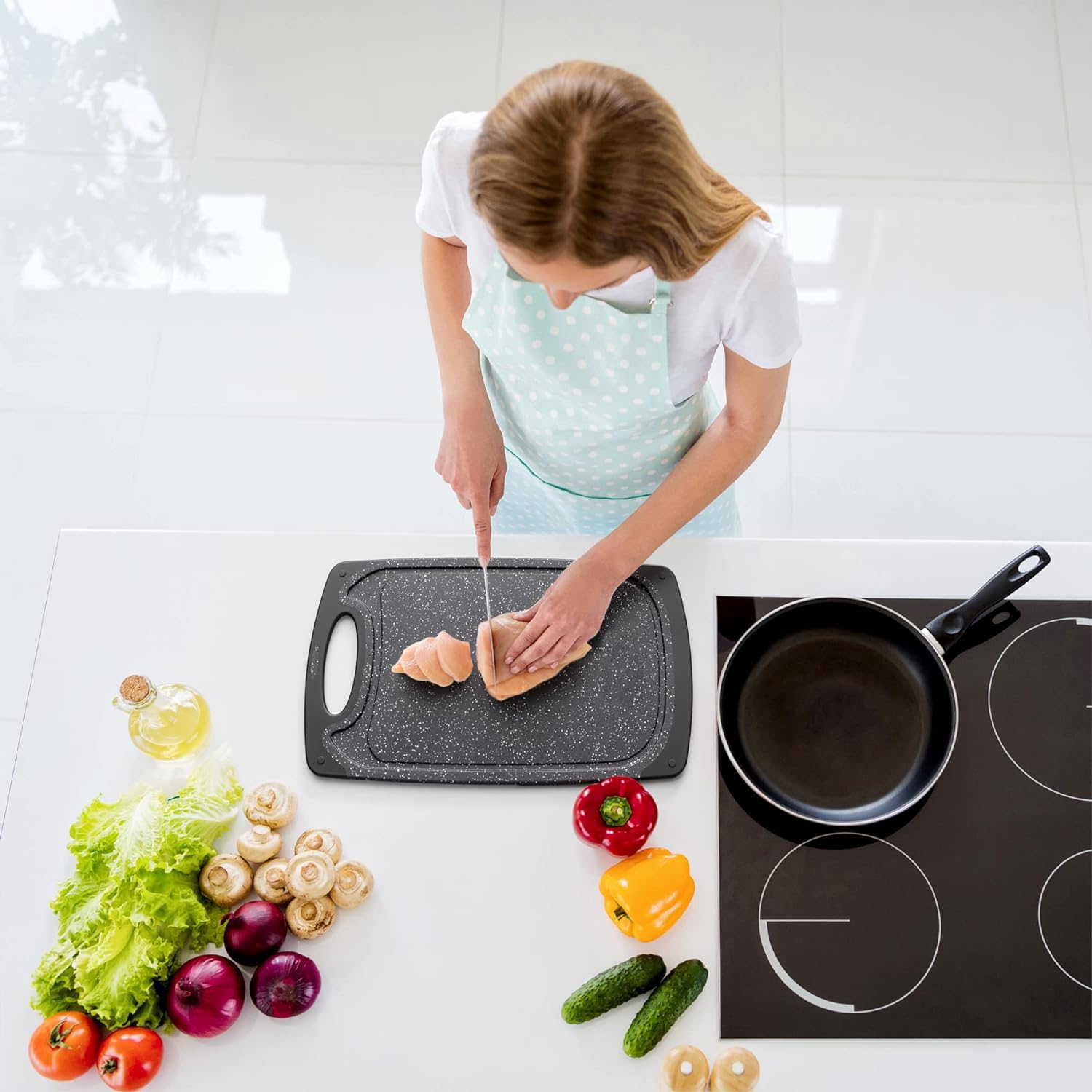 Tagliere da cucina,Set di 3 Tagliere Cucina Set in Plastica Antiscivolo, con 3 pezzi coltelli da bistecca, taglieri con scanalatura per il succo, Tagliere Plastica Senza BPA,per Carne,Verdure e frutta